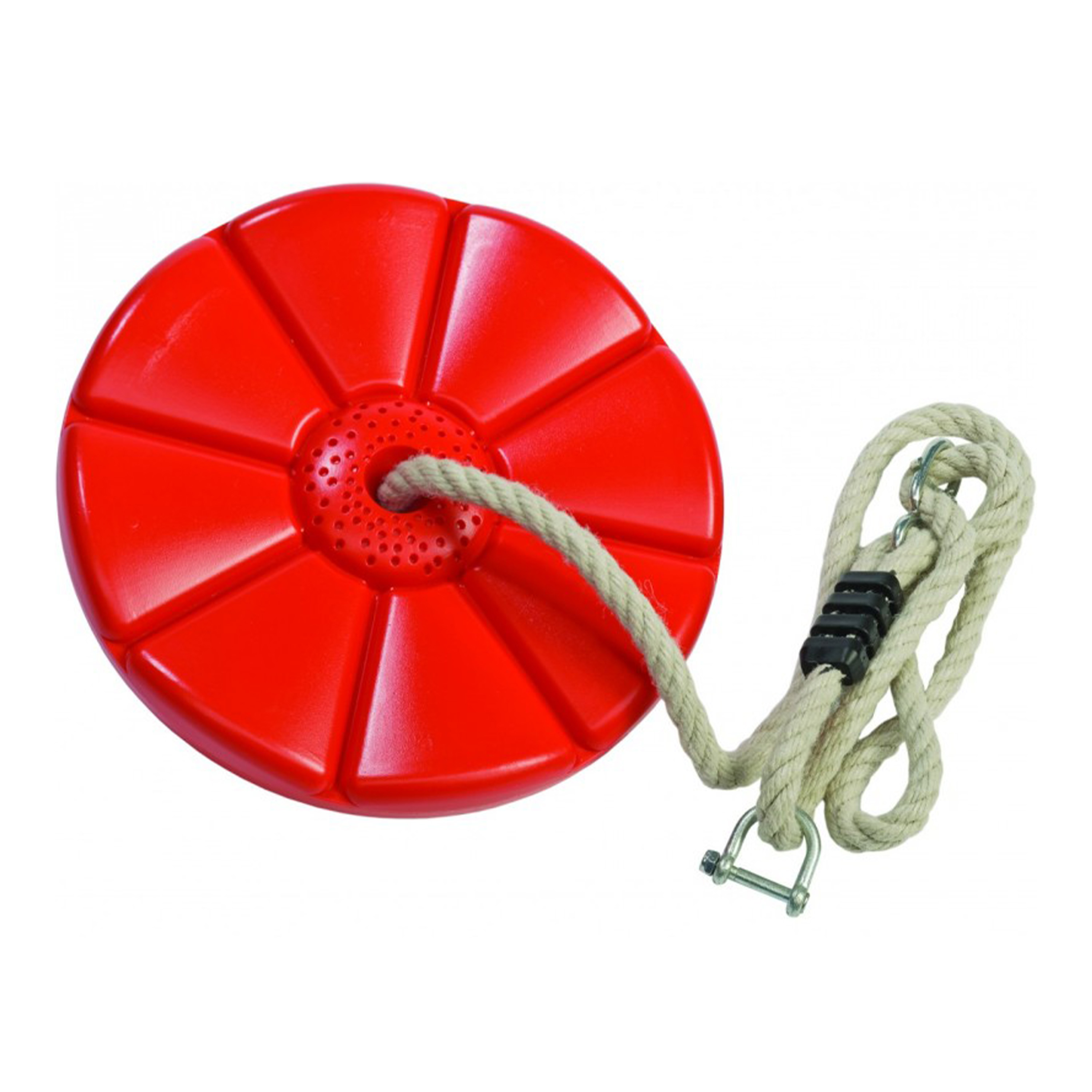 Un sedile per altalena in plastica rossa con una corda attaccata a un anello a D in metallo. Il sedile è rotondo e ha una superficie strutturata.