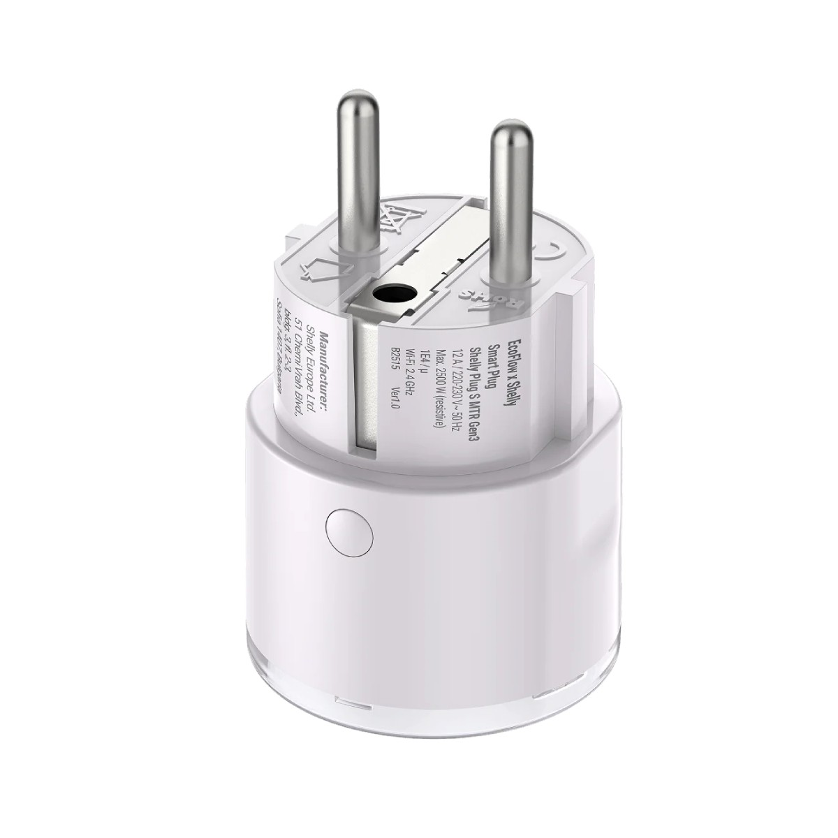 Una spina intelligente bianca con due perni argentati, corpo rotondo e un pulsante. Testo: 'EcoFlow x Shelly Smart Plug'.