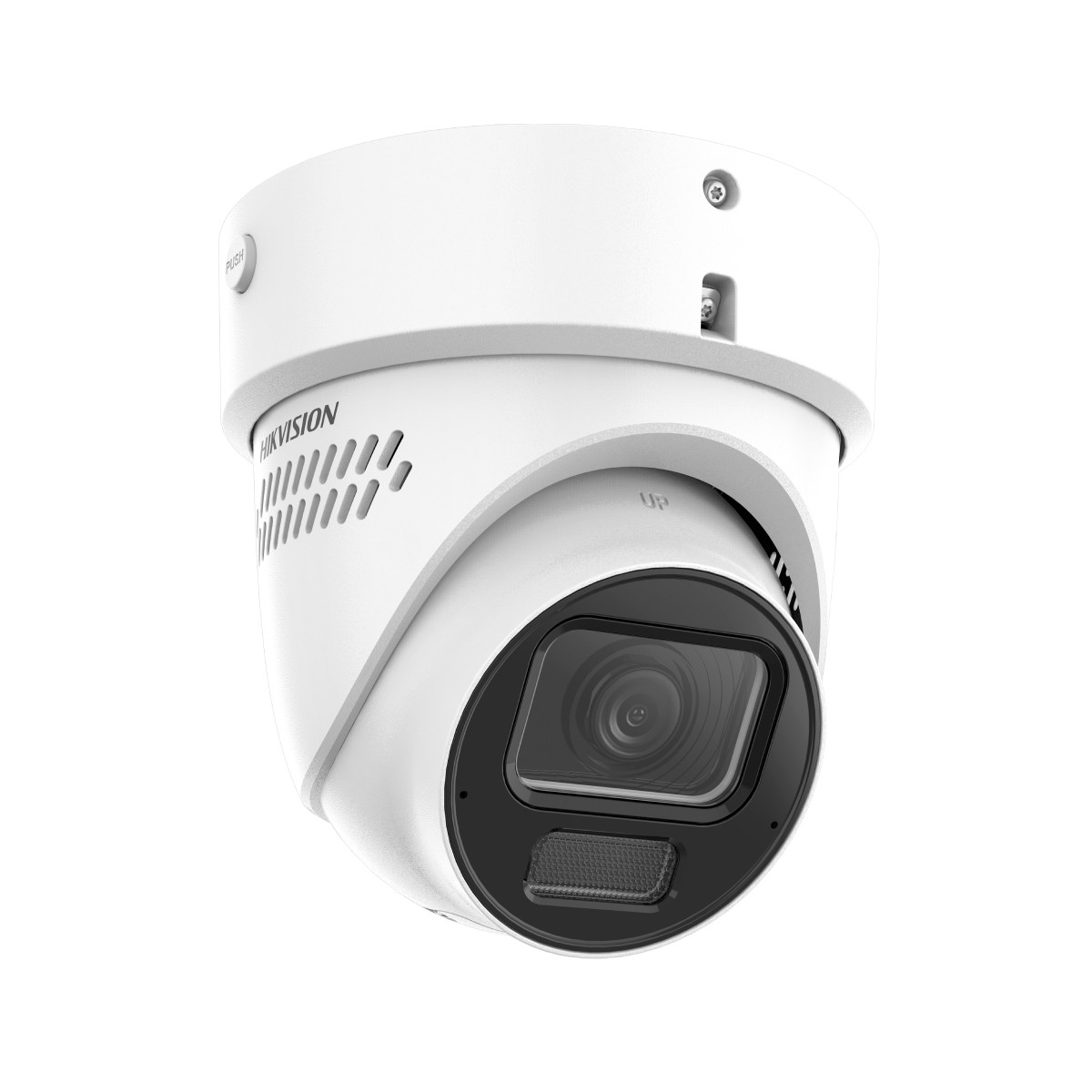 Une caméra de sécurité dôme Hikvision blanche. Elle a un objectif noir et un bouton 'Push'. Le mot 'Up' est imprimé sur le côté.