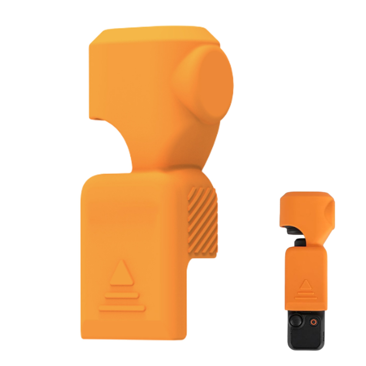 Zwei orangefarbene Schutzhüllen. Eine groß, eine klein, beide mit ähnlichem Design. Die kleinere hat einen schwarzen Sockel.