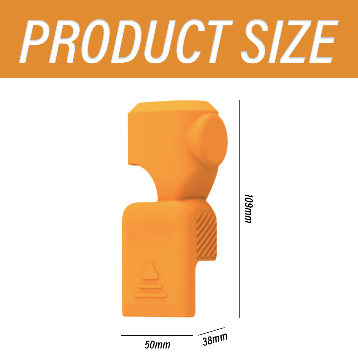Ein orangefarbenes Kunststoffprodukt mit Maßangaben. Der Text oben lautet 'PRODUCT SIZE'. Das Produkt ist 109 mm hoch, 50 mm breit und 38 mm tief.