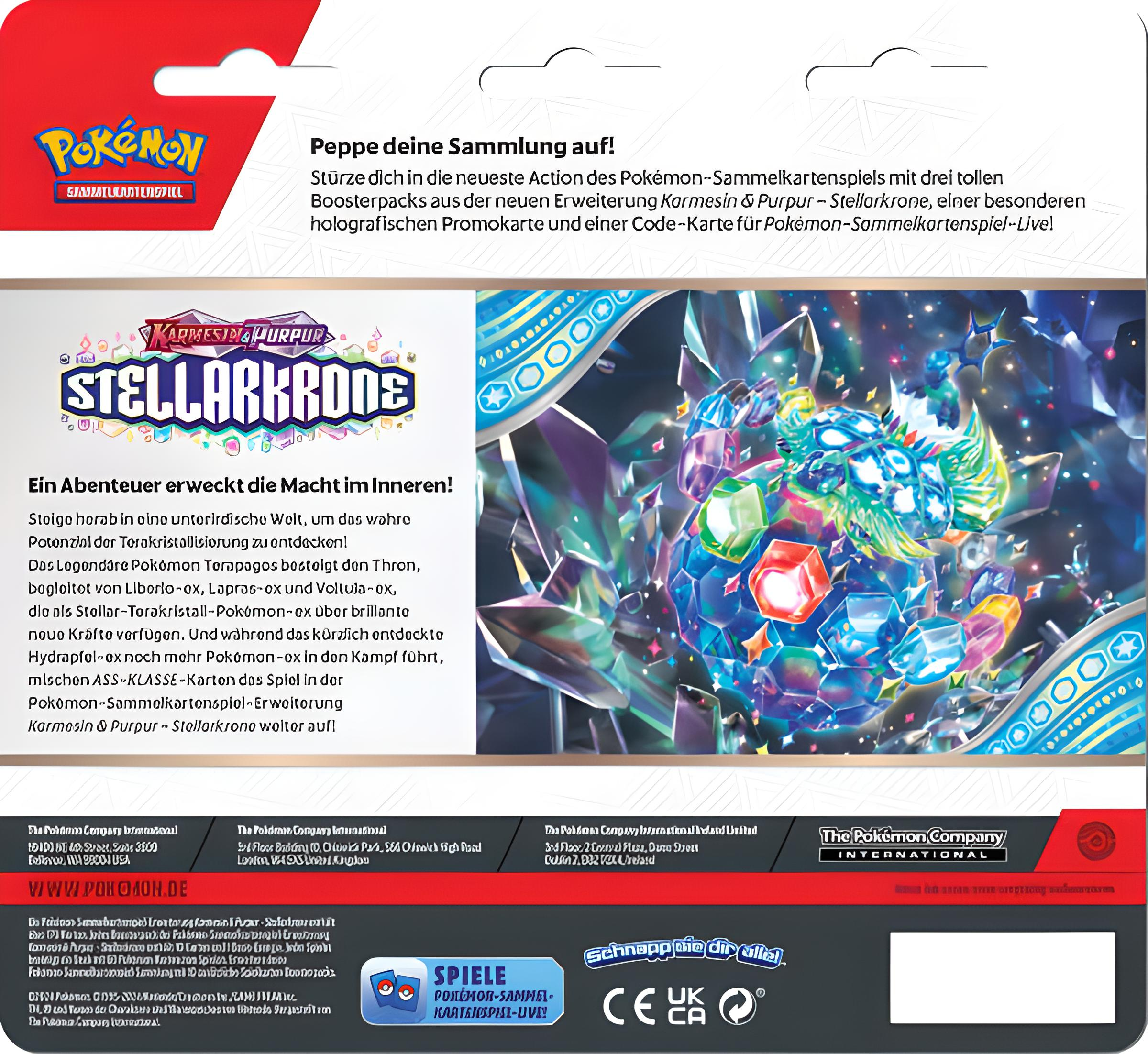 Eine Pokémon-Karte mit einem blau-violetten, kristallartigen Wesen und Text. Der Hintergrund ist farbenfroh.