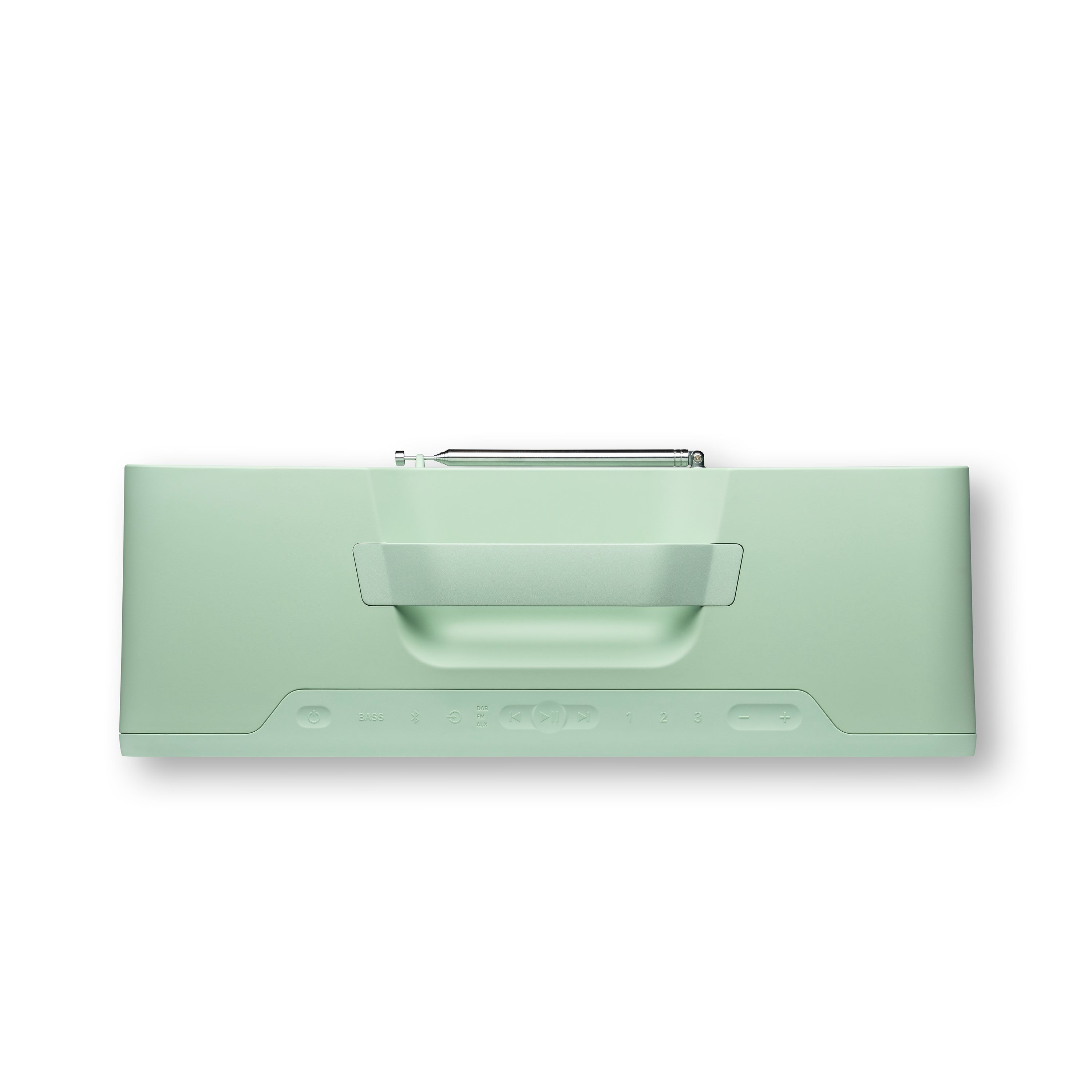 Een mintgroene luidspreker met handvat, antenne en bedieningsknoppen op witte achtergrond.