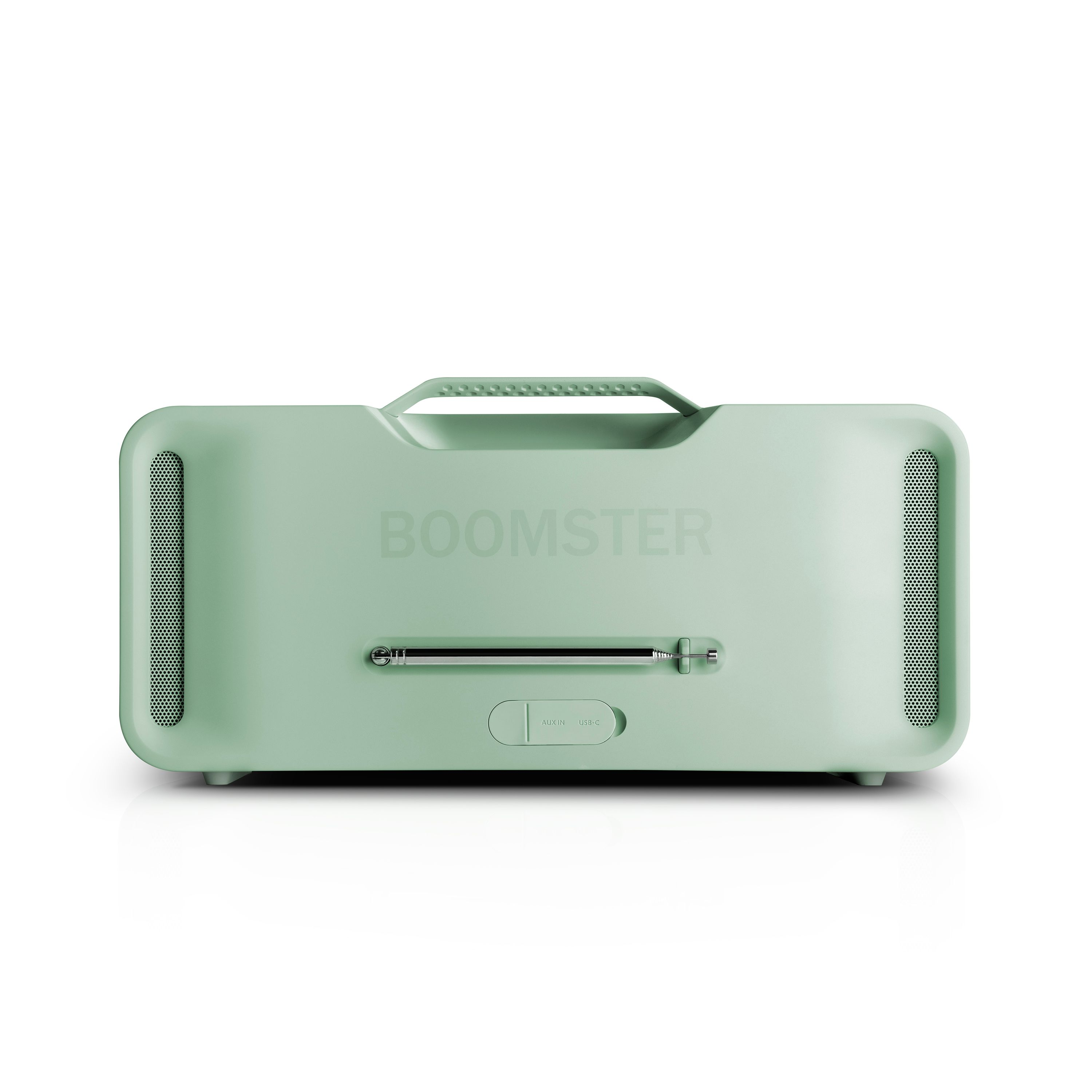 Een mintgroene Boomster-luidspreker. Het heeft een handvat, een radioantenne en luidsprekerroosters aan de zijkanten. De achtergrond is wit.