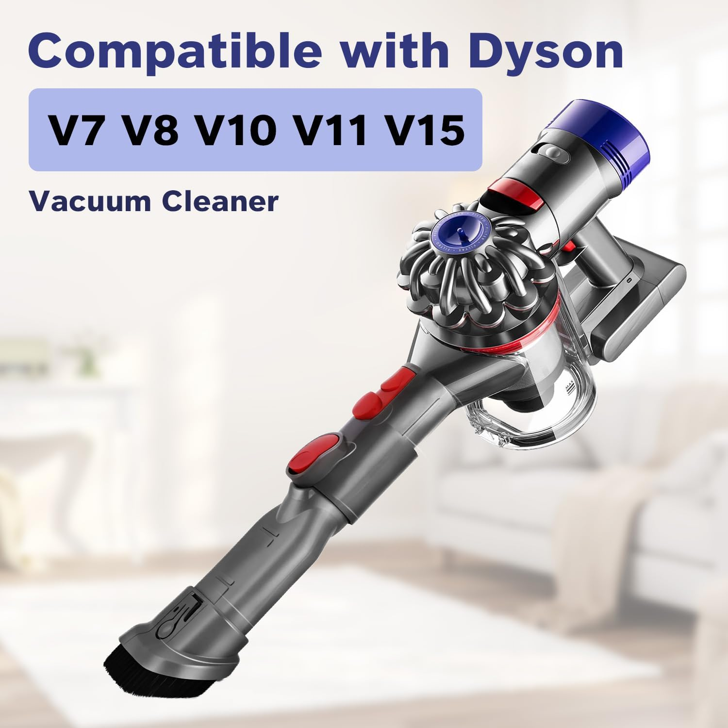 Ein Dyson-Staubsauger. Text: Kompatibel mit Dyson, V7 V8 V10 V11 V15. Der Staubsauger ist grau, rot, blau und klar.