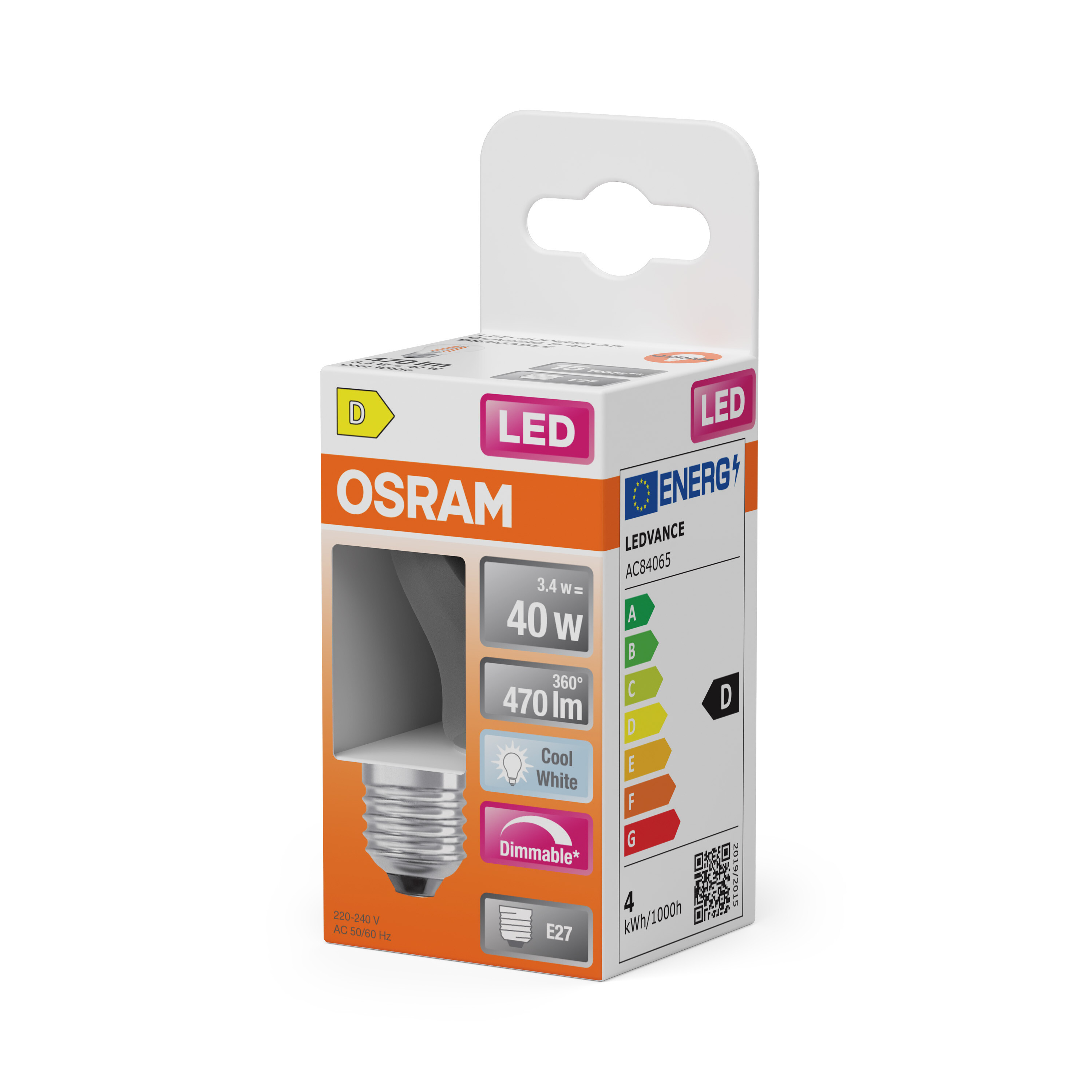 Eine LED-Glühbirnenbox. Sie zeigt die Marke OSRAM, das Energielabel und die Glühbirnenspezifikationen.