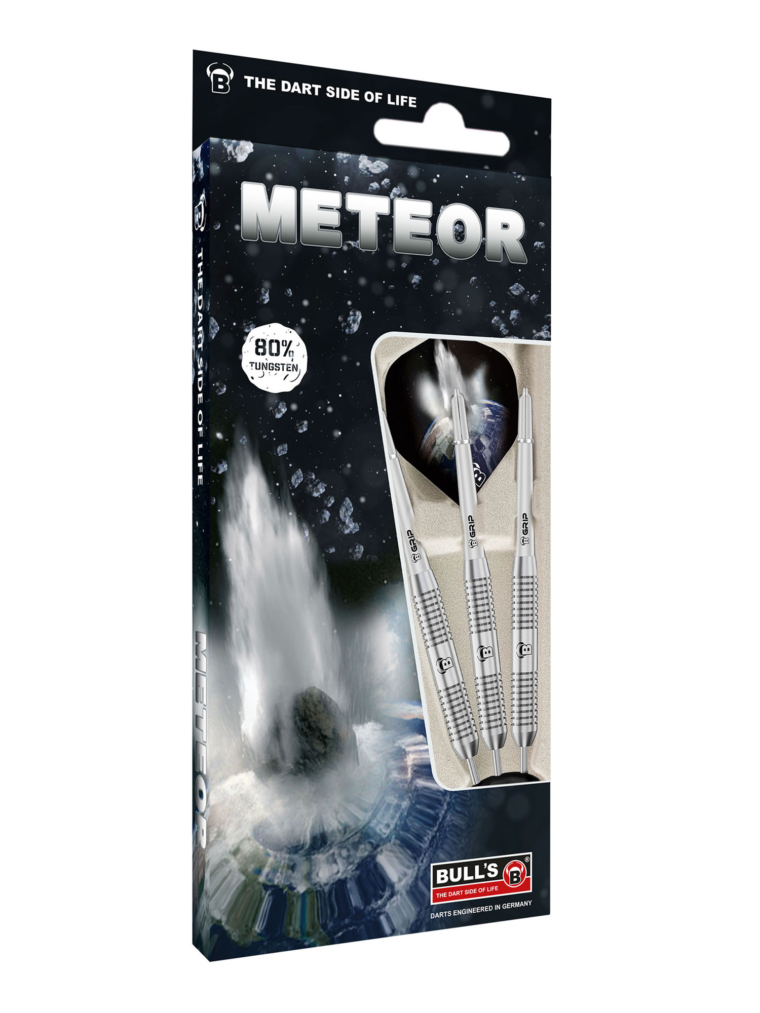 Eine Dartverpackung mit dem Titel 'METEOR'. Sie zeigt drei silberne Darts mit schwarzen Griffen vor einem Hintergrund aus Meteoren und Wasser.