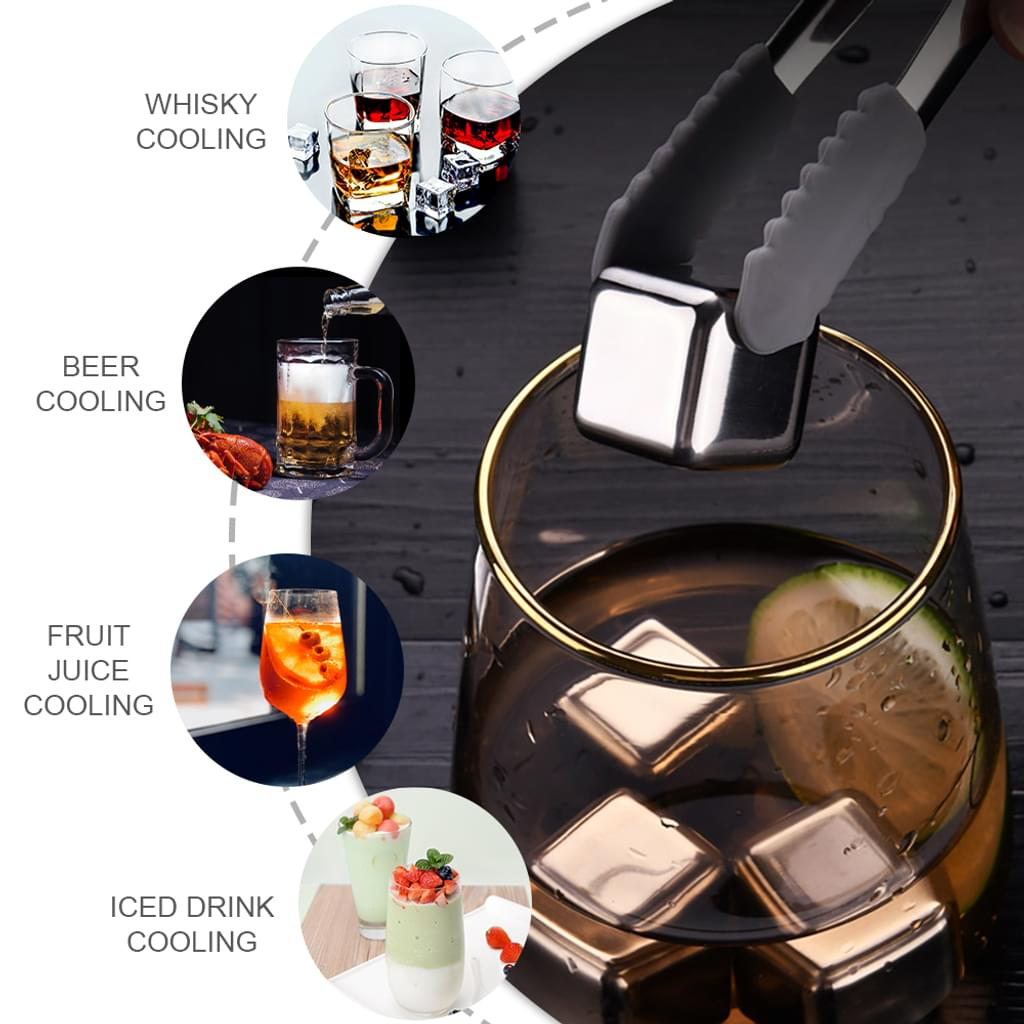 Das Bild zeigt ein Glas mit Eiswürfeln, eine Zange und Beispiele für Getränke: Whiskey, Bier, Saft und Eisgetränke.