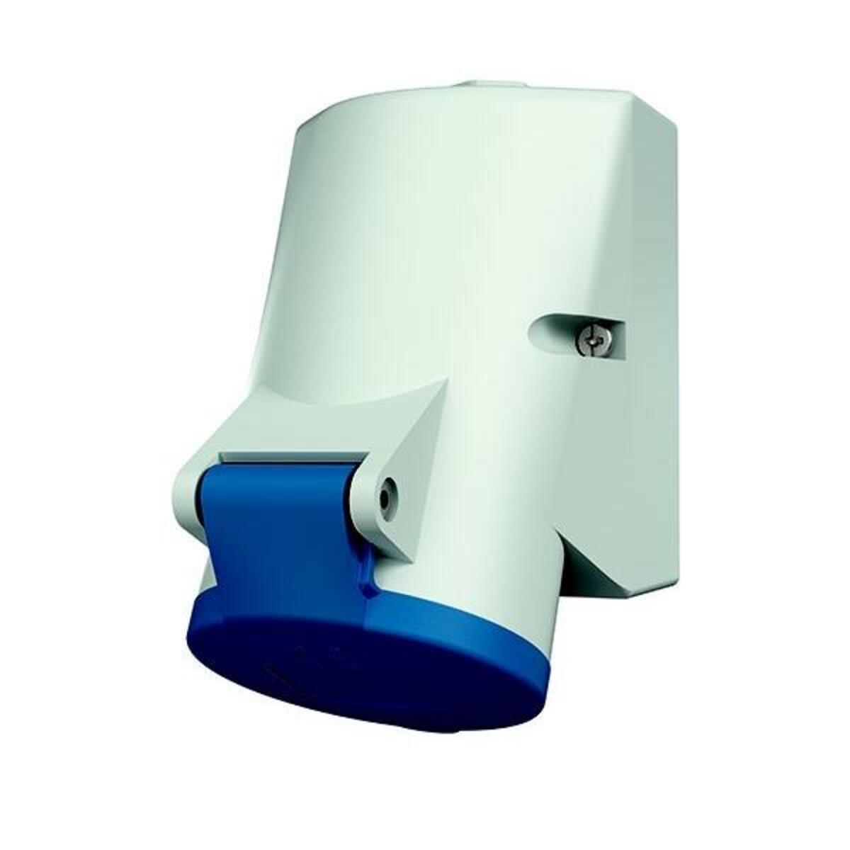 Un connettore elettrico bianco e blu. Il connettore ha una copertura blu ed è montato su una base bianca.