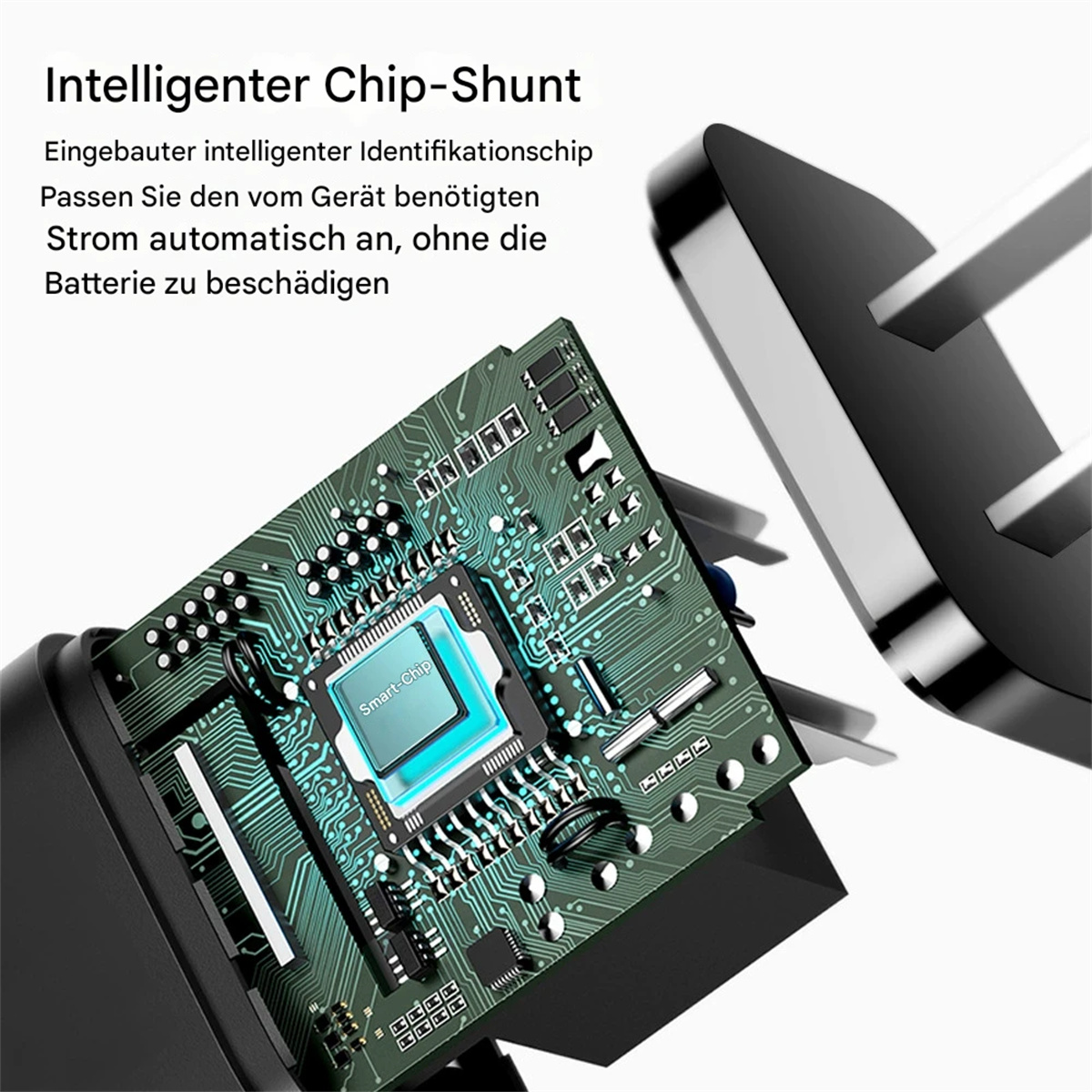 Eine Platine mit einem 'Smart Chip' steht im Fokus. Ein schwarzer Stecker ist im Hintergrund. Text beschreibt die Eigenschaften des Chips.