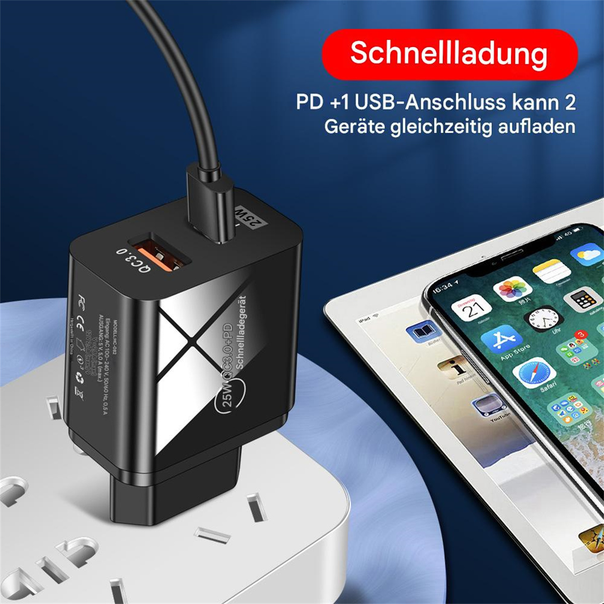 Ein schwarzes Ladegerät in einer Steckdose, mit Telefon und Tablet sichtbar. Text weist auf Schnellladefunktionen hin.