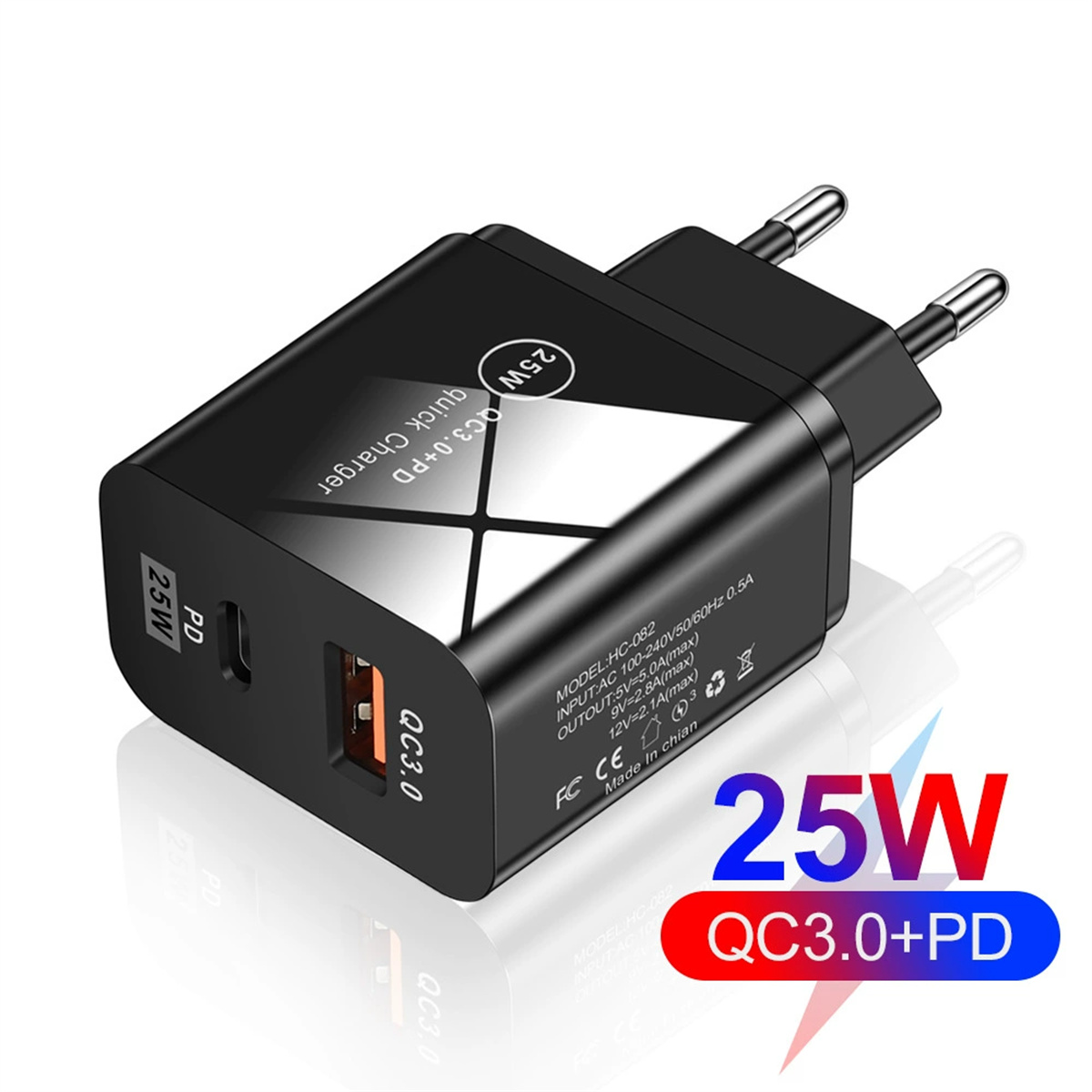 Ein schwarzes 25W QC3.0+PD-Ladegerät wird gezeigt. Es hat einen USB-Anschluss und einen Stecker. Text enthält Leistungsdetails und Schnellladegerät.