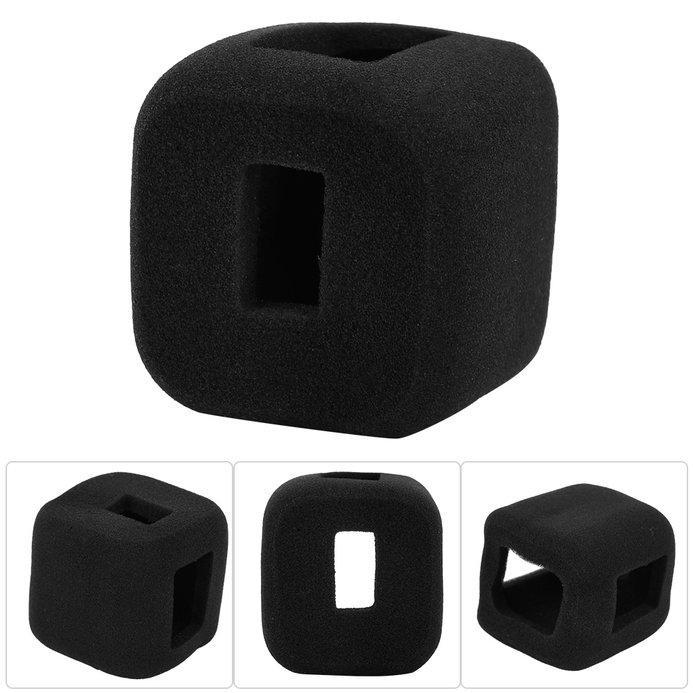 Eine schwarze Schaumstoff-Mikrofonabdeckung mit einem rechteckigen Loch in der Mitte. Es gibt drei weitere Ansichten des gleichen Objekts.