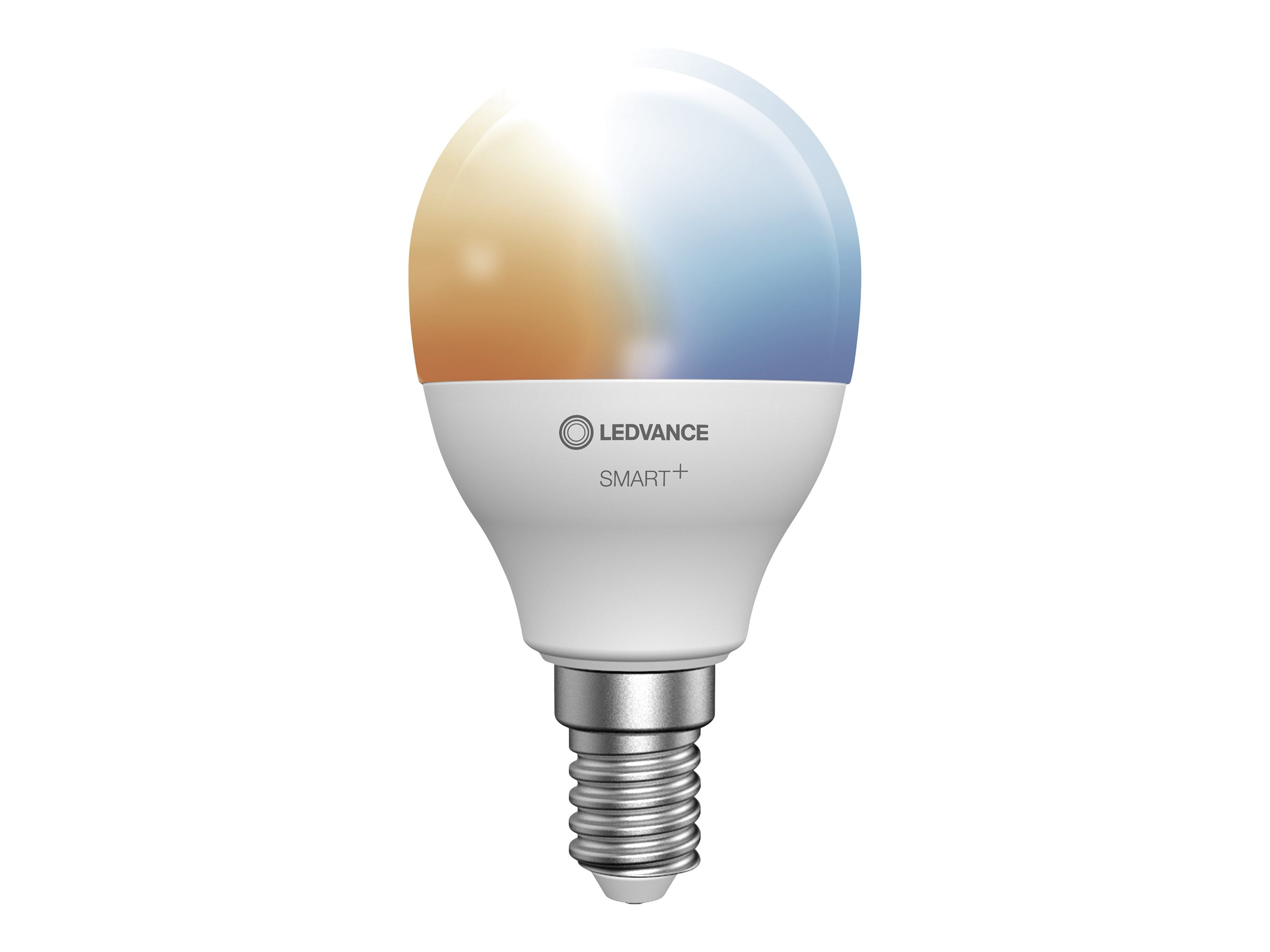 Una lampadina intelligente LEDVANCE bianca. La metà superiore è illuminata con luce arancione e blu. Ha una base argentata.