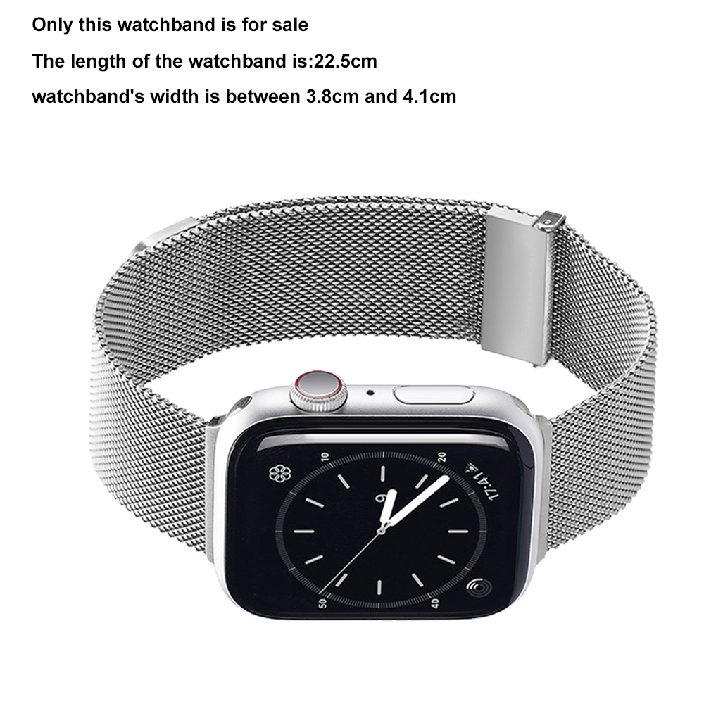 Silberne Uhr mit Mesh-Armband. Das Zifferblatt zeigt die Uhrzeit an. Das Band ist mit einem silbernen Verschluss verbunden.