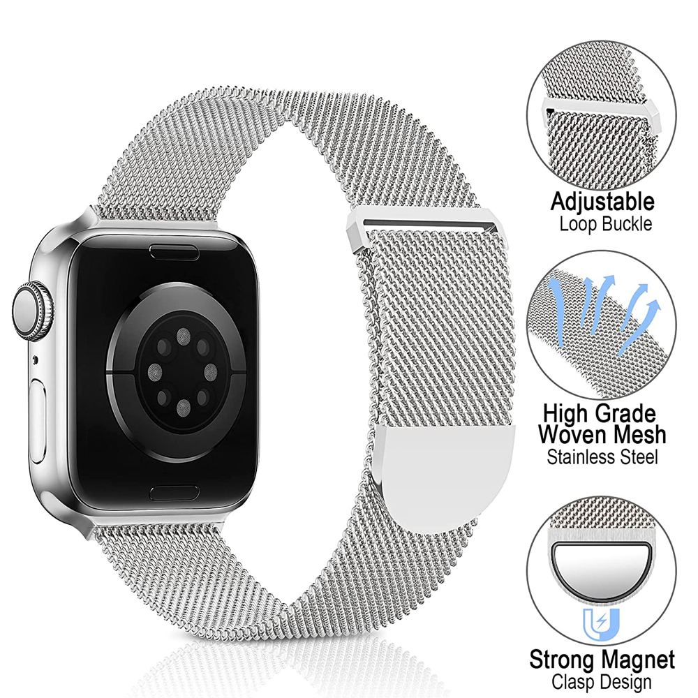 Silberne Apple Watch mit Mesh-Armband. Details umfassen eine verstellbare Schnalle, gewebtes Mesh und einen starken Magnetverschluss.