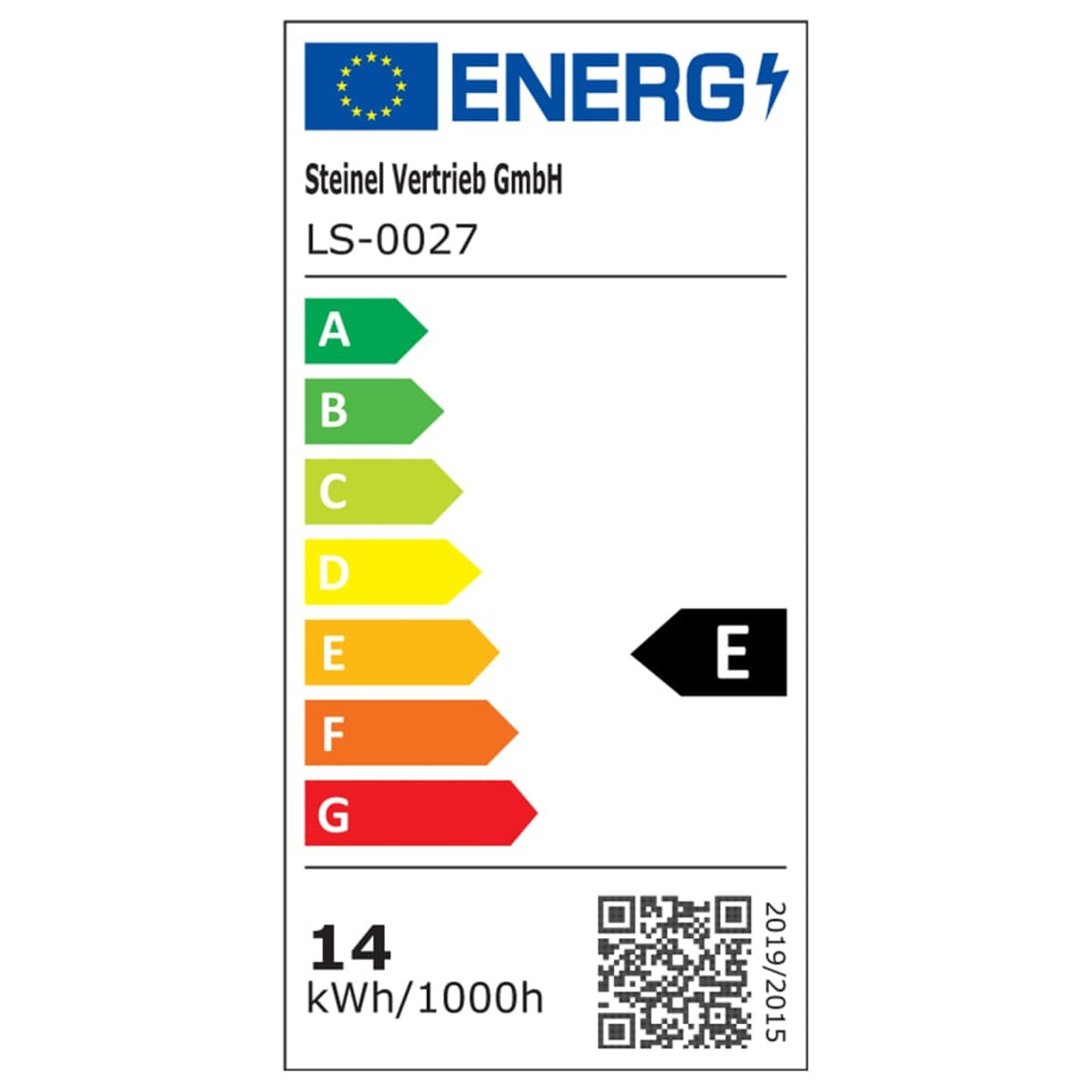 Energielabel mit Bewertungen A-G, Steinel Vertrieb GmbH, LS-0027, Bewertung E hervorgehoben, 14 kWh/1000h und ein QR-Code.
