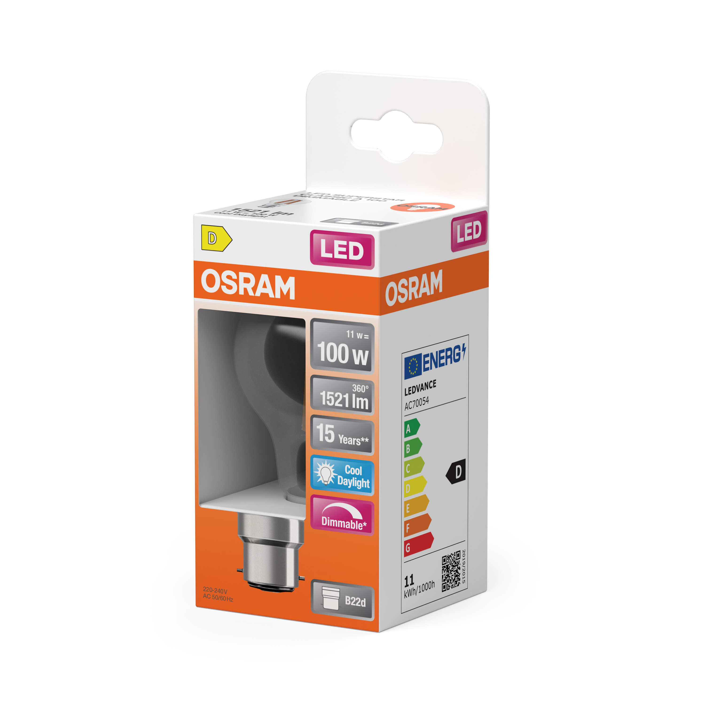 Eine Osram LED-Glühbirnenverpackung zeigt die Glühbirne, das Branding und Details zur Energieeffizienz.