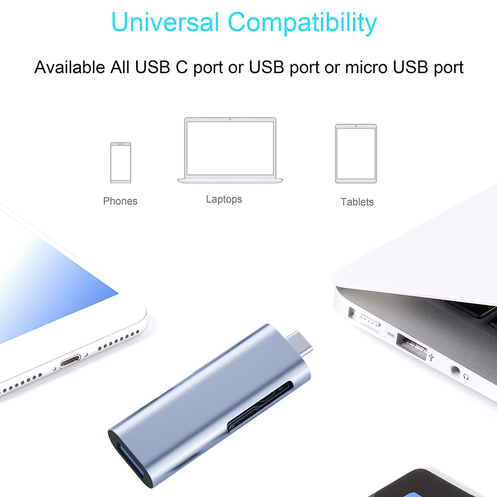 Das Bild zeigt einen silbernen USB-C-Adapter mit Tablet-, Laptop- und Telefonsymbolen, die universelle Kompatibilität hervorheben.