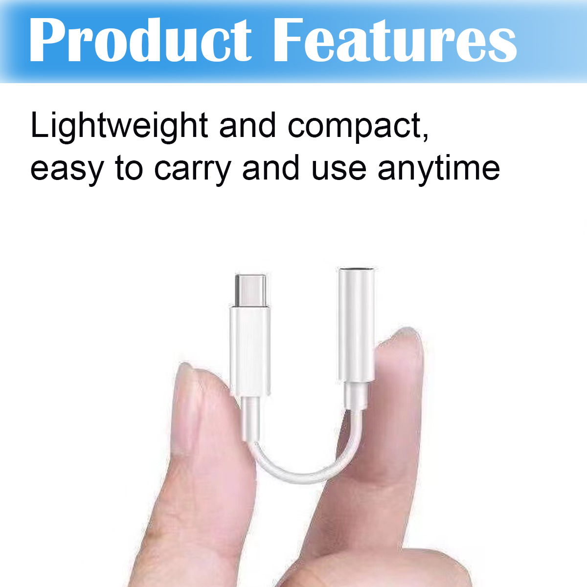 Ein weißer USB-C-auf-Kopfhöreranschluss-Adapter wird zwischen den Fingern gehalten. Der Hintergrund ist weiß, und der Text lautet "Produktmerkmale".