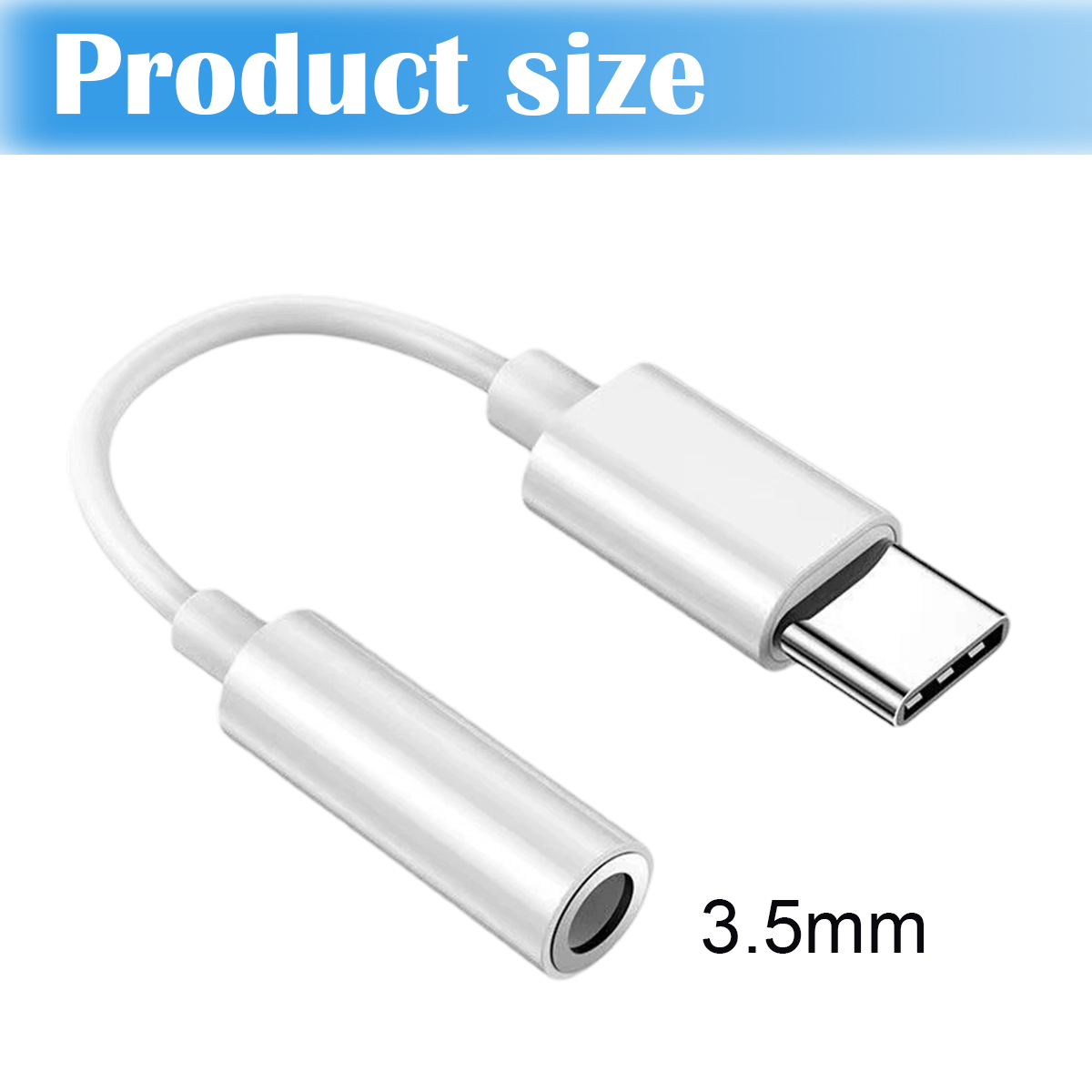 Ein weißer USB-C-auf-3,5-mm-Audioadapter. Der Text 'Produktgröße' steht oben. Der Text '3,5 mm' steht unten rechts.