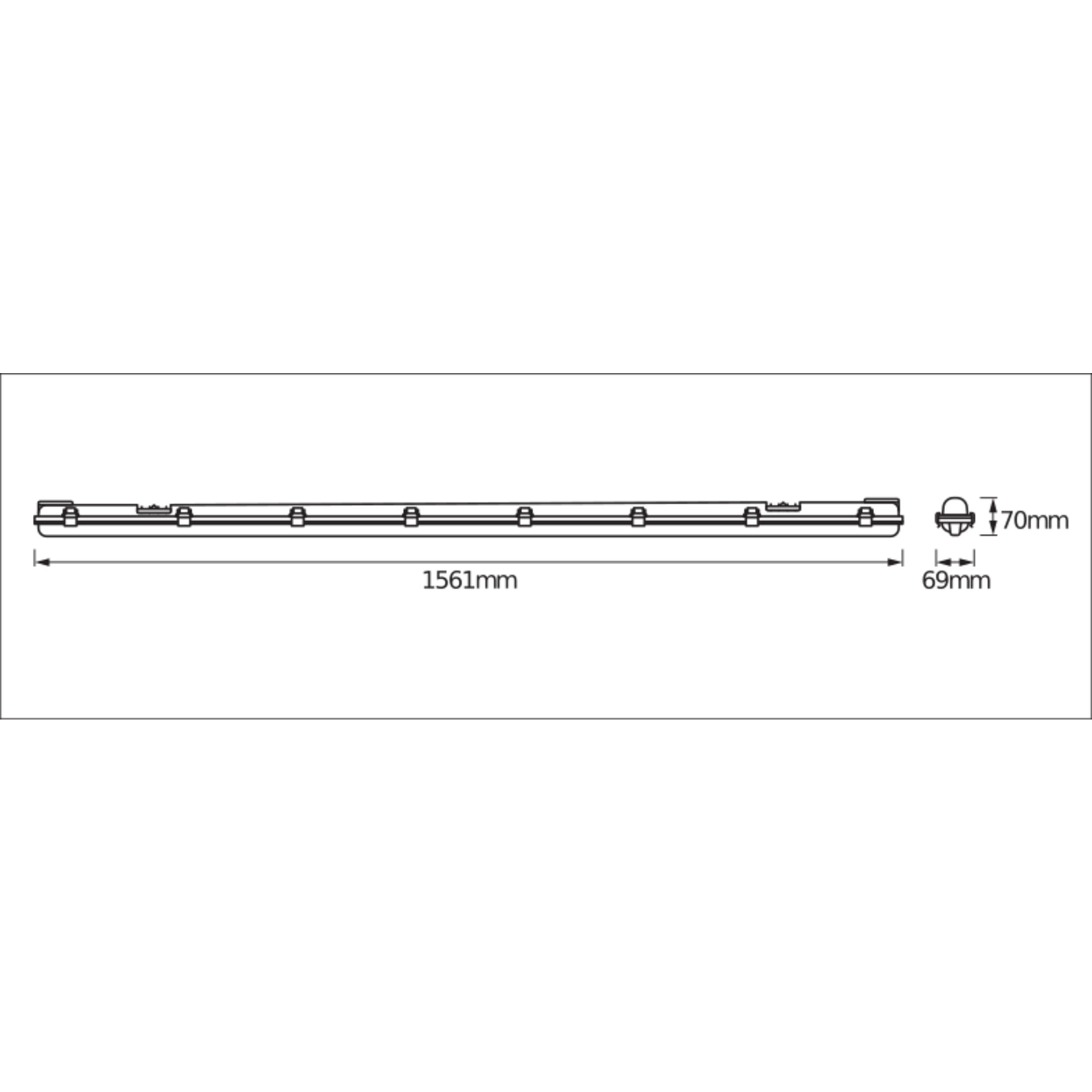 Diagramm eines rechteckigen Objekts mit Abmessungen. Es ist 1561 mm lang und 69 mm breit. Es hat Details darauf gezeichnet.