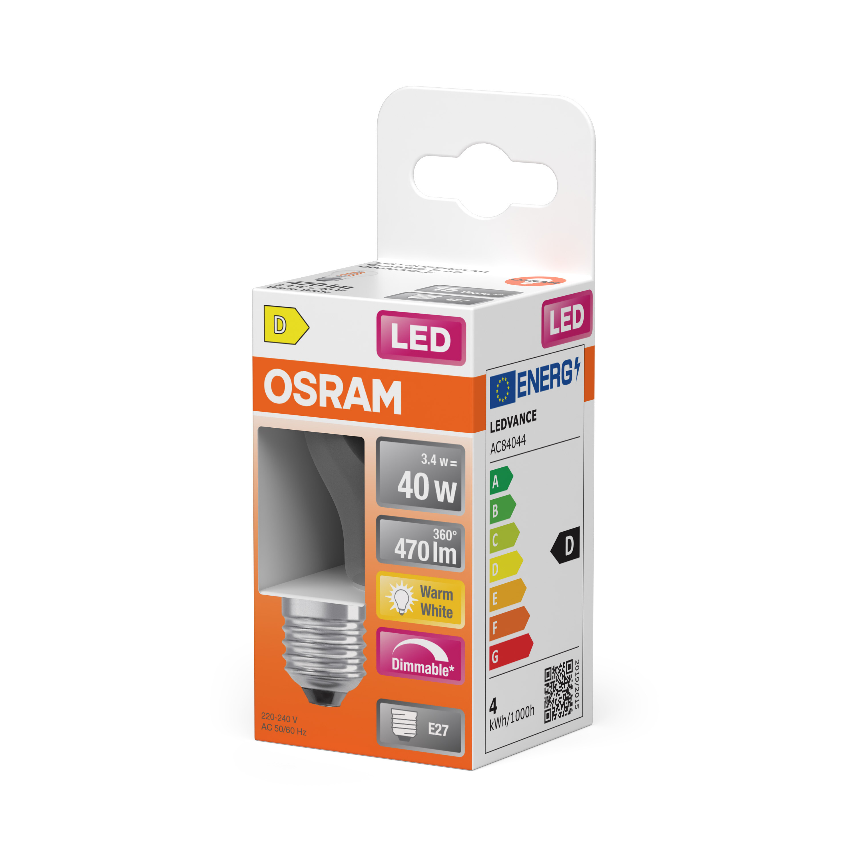 Eine Schachtel mit LED-Glühbirne von Osram, mit Angaben zur Energieeffizienz und Produktspezifikationen.