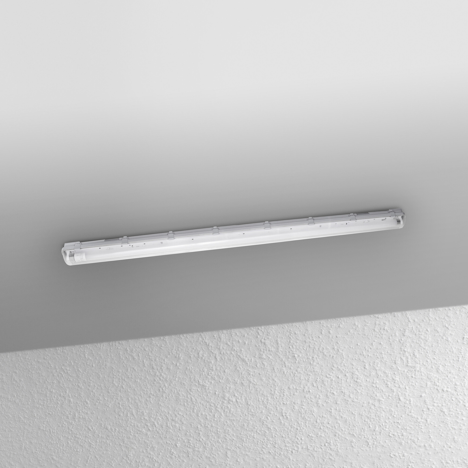 Eine Leuchtstoffröhre ist an einer Decke montiert. Die Decke ist weiß und die darunterliegende Wand hat eine strukturierte Oberfläche.