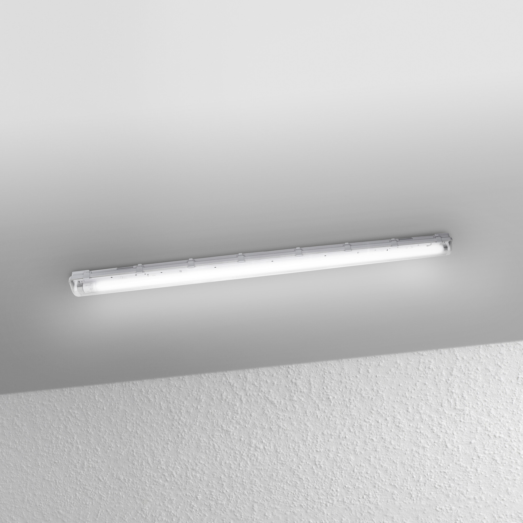 Eine weiße Leuchtstoffröhre ist an einer weißen Decke befestigt. Schatten fällt auf eine strukturierte Wand.