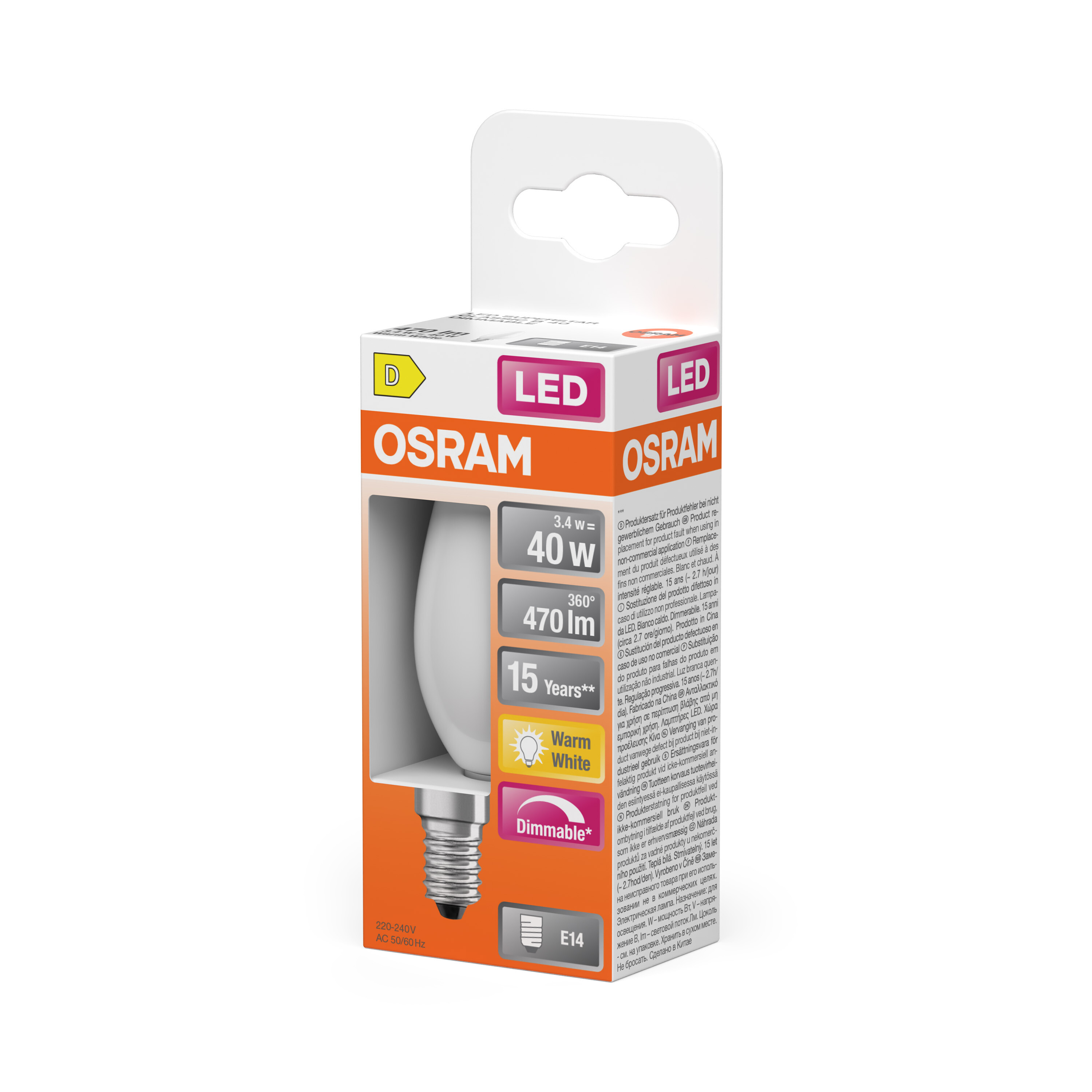 Una scatola di lampadina LED OSRAM. È bianca e ha una luce bianca calda. I dettagli includono watt e anni di utilizzo.