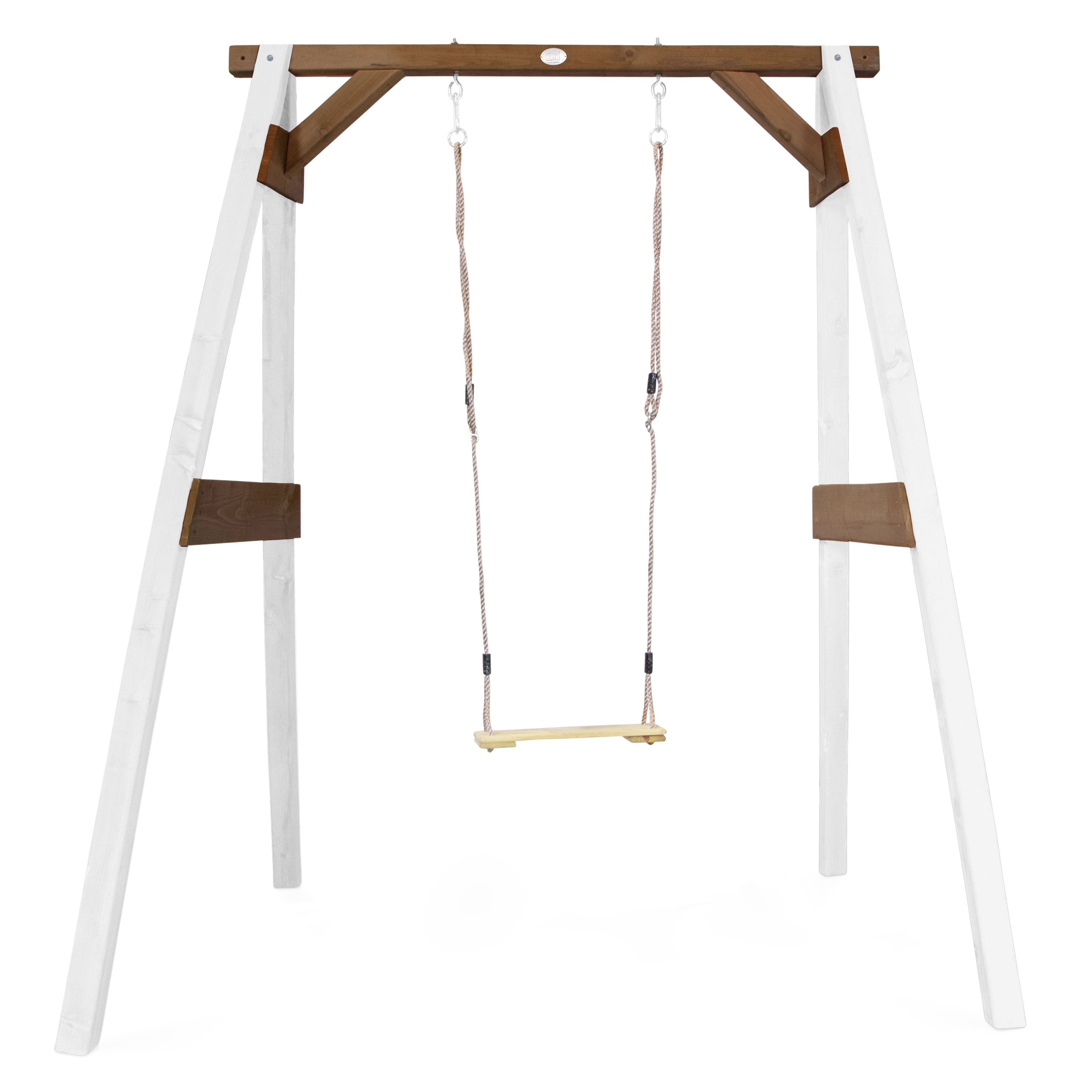 Holzschaukel mit weißem Rahmen und braunen Akzenten. Zwei Seile hängen an der oberen Stange mit einem Holzsitz.