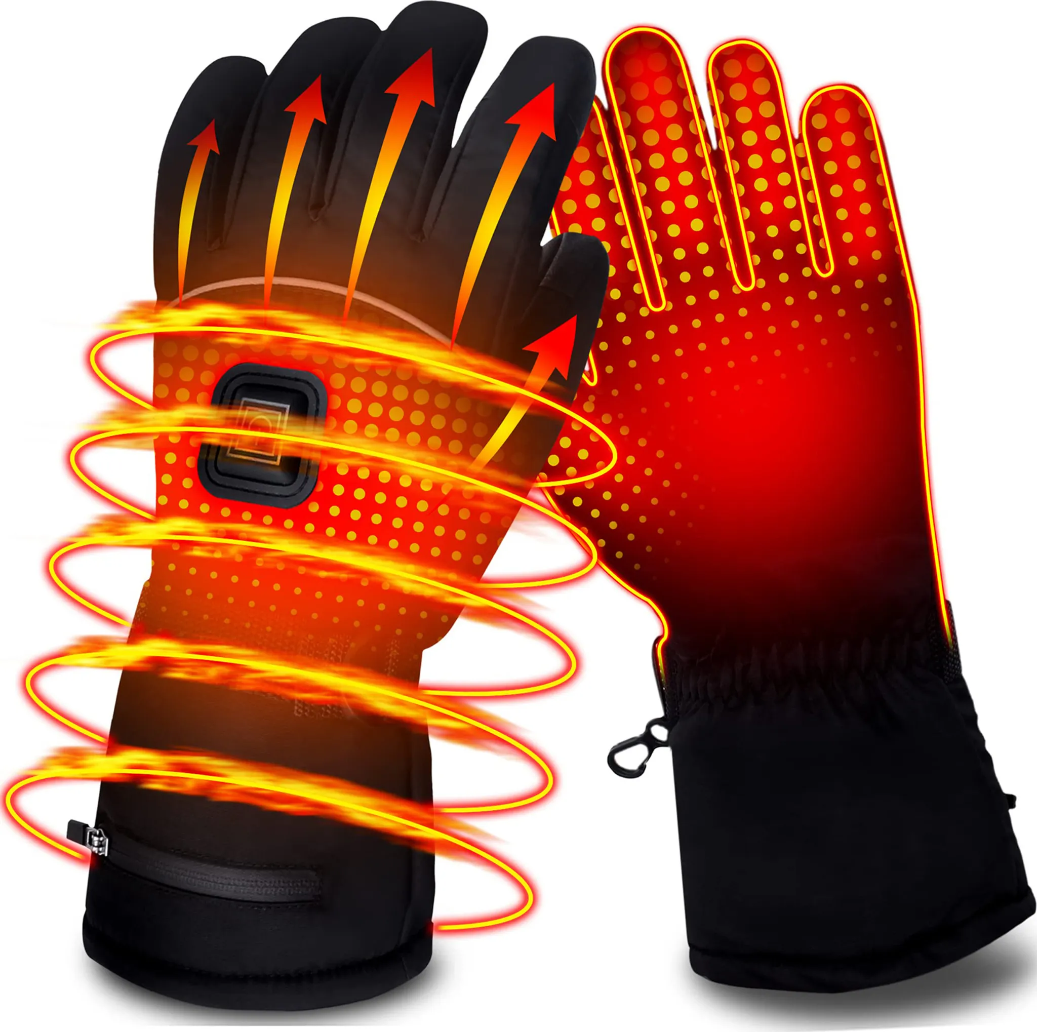 Paar schwarze beheizte Handschuhe. Orangefarbene Pfeile und Linien zeigen die Wärmeverteilung. Rotes Punktmuster auf der Handfläche.