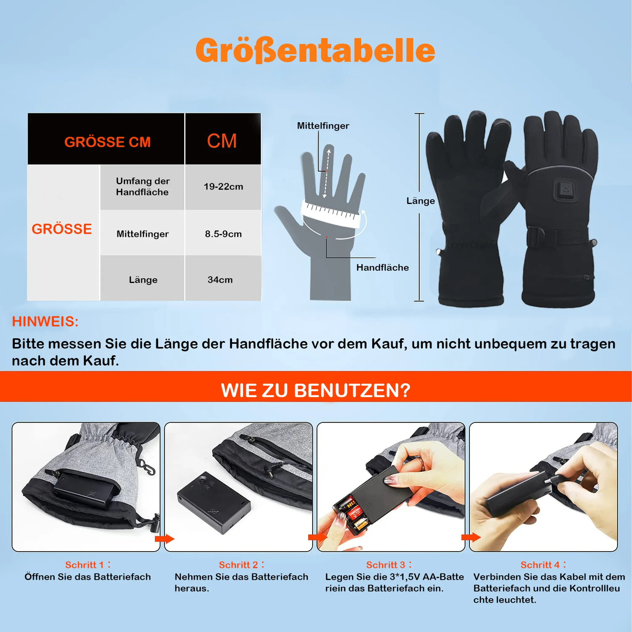 Das Bild zeigt eine Größentabelle für Handschuhe mit Anweisungen zur Verwendung, einschließlich Batterieplatzierung und Kabelanschluss.