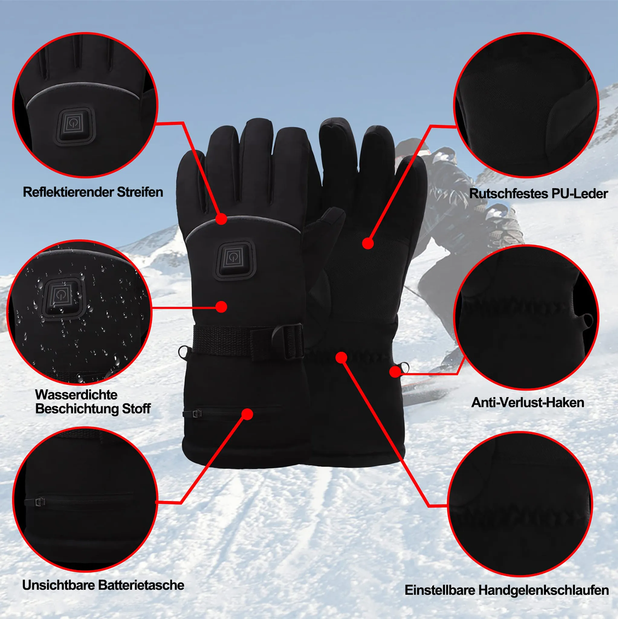 Schwarze Handschuhe mit reflektierenden Streifen, wasserdichter Beschichtung, PU-Leder und verstellbaren Handgelenkschlaufen.