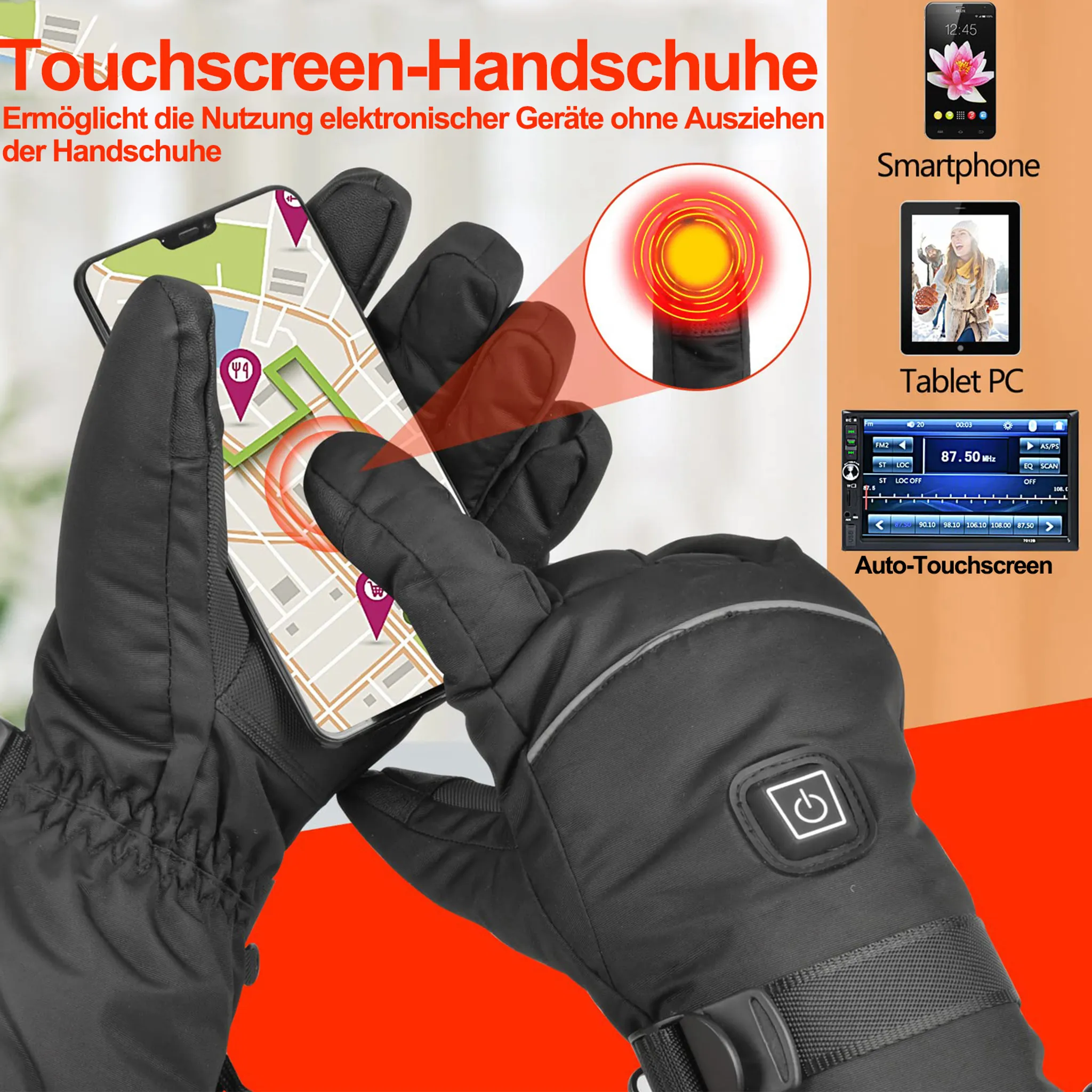 Schwarze Touchscreen-Handschuhe halten ein Smartphone mit Karte. Texte beschreiben Handschuhe und andere Geräte.