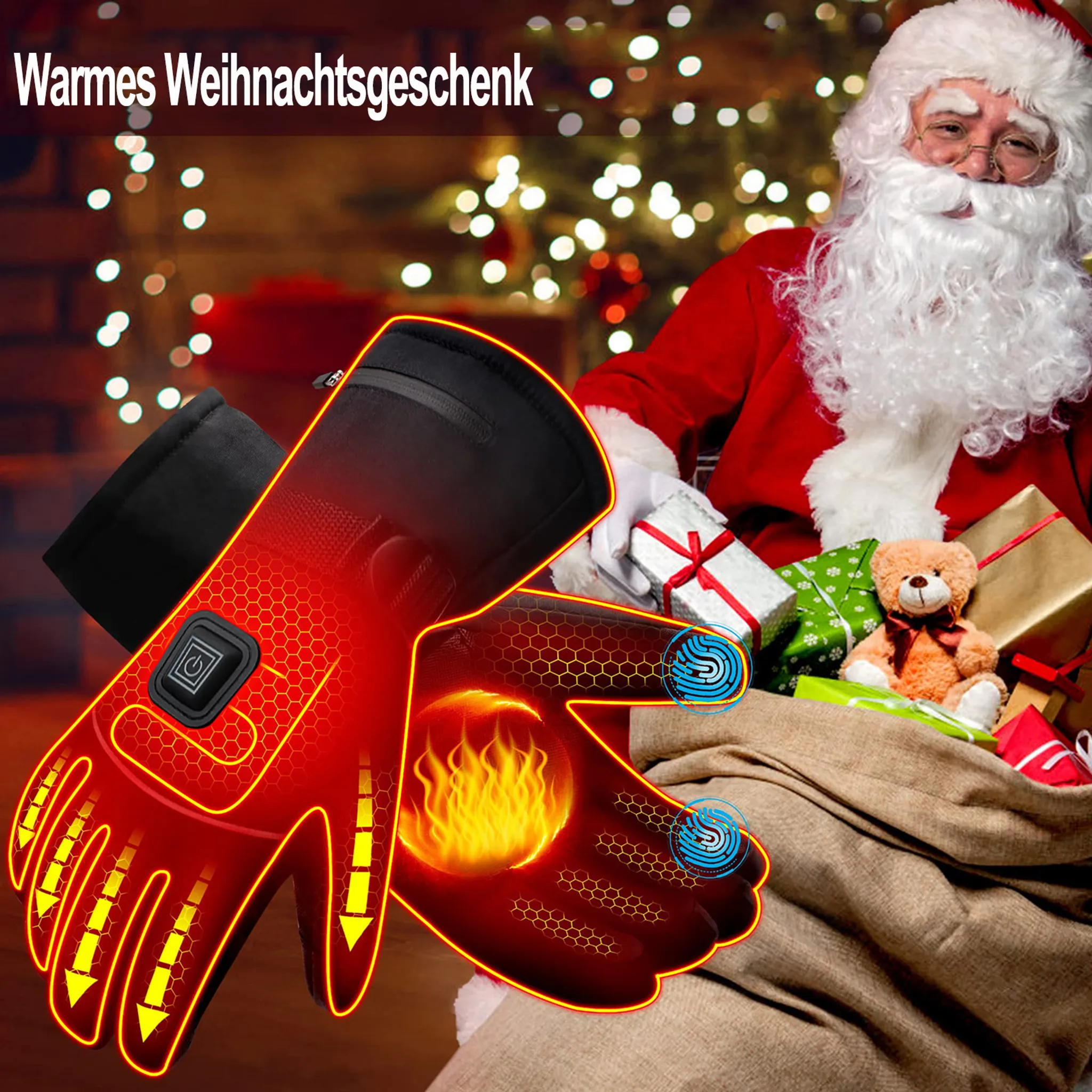 Beheizte Handschuhe vor dem Weihnachtsmann. Rote Handschuhe mit gelben Heizmustern, Santa hält Geschenke.