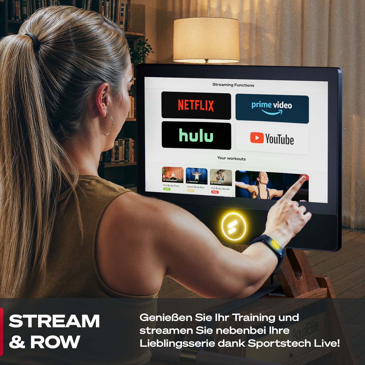 Eine Frau nutzt einen Touchscreen mit Streaming-Apps wie Netflix und Prime Video. Der Bildschirm zeigt Workout-Videos.