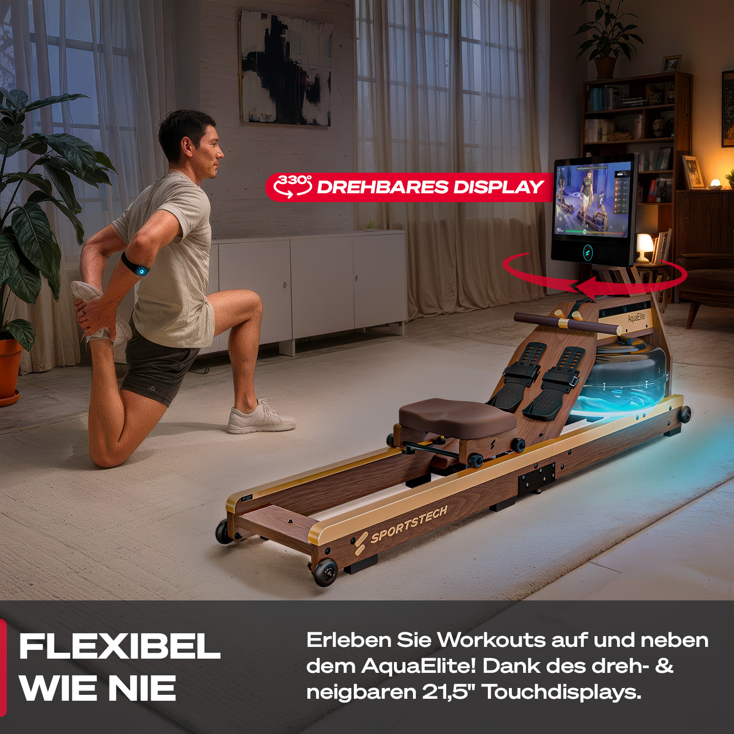 Ein Mann dehnt sich in der Nähe eines Rudergeräts mit drehbarem Display. Die Maschine ist aus Holz. Text: 'FLEXIBEL WIE NIE'.