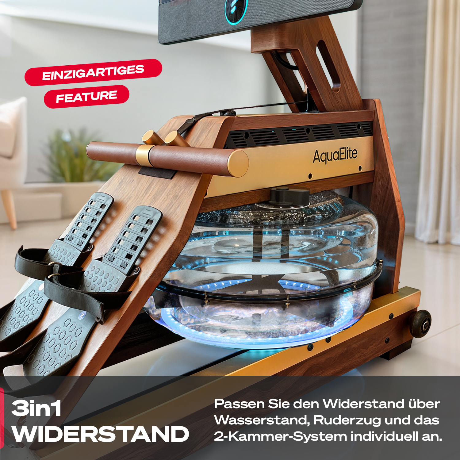 Rudergerät mit Holzrahmen und Wassertank. Text: 'EINZIGARTIGES FEATURE', '3in1 WIDERSTAND', 'AquaElite'.