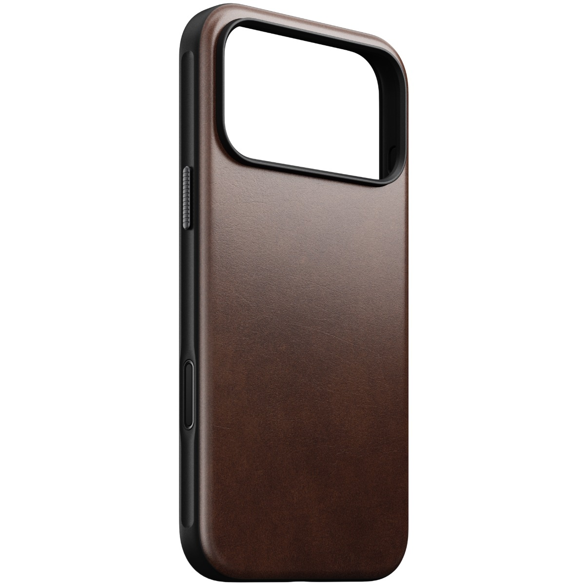 Una custodia per telefono in pelle marrone con cornice nera e ritaglio per fotocamera su sfondo bianco.