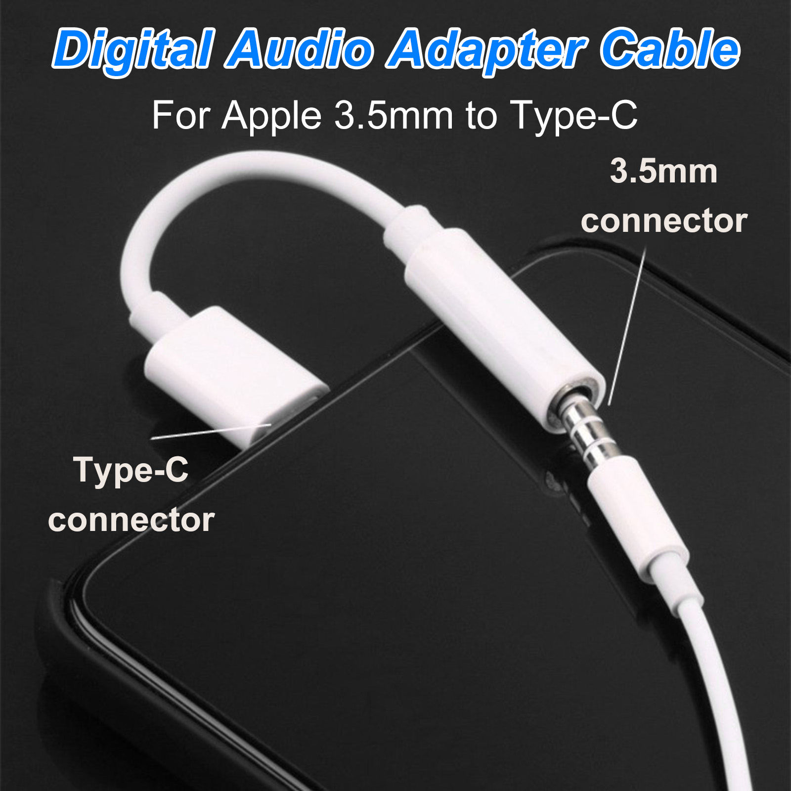 Weißes Digital-Audio-Adapterkabel für Apple, 3,5 mm auf Typ-C. Beschriftete Anschlüsse. Schwarzer Hintergrund.