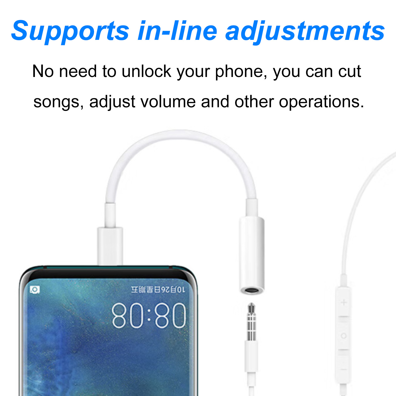 Das Bild zeigt ein Telefon, das mit einem weißen Adapter verbunden ist. Der Adapter hat eine Kopfhörerbuchse und Bedienelemente.