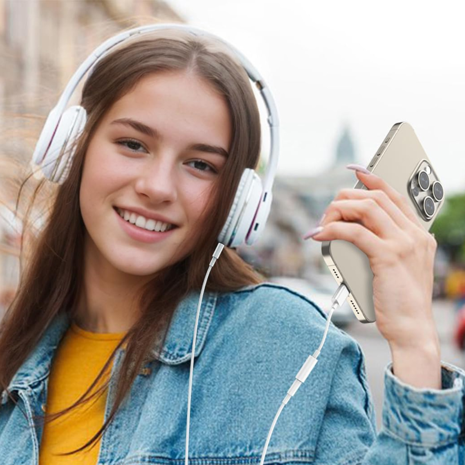 Ein lächelnder Teenager mit Kopfhörern und Telefon. Ein weißes Kabel verbindet das Telefon mit den Kopfhörern. Sie trägt eine Jeansjacke.