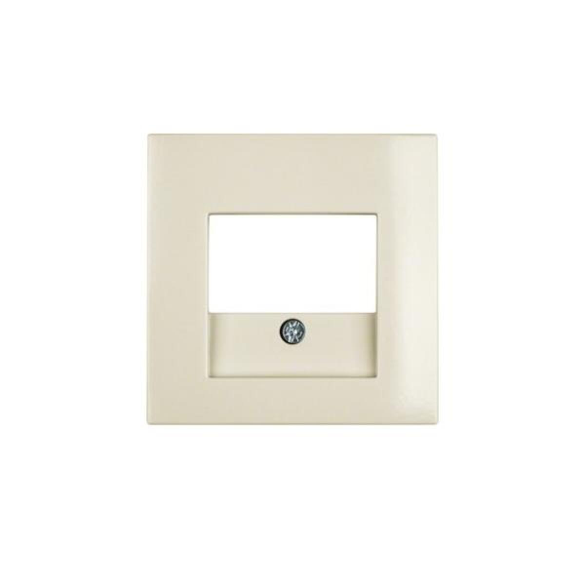 Una copertura per presa elettrica color crema con apertura rettangolare e una piccola vite al centro, su sfondo bianco.