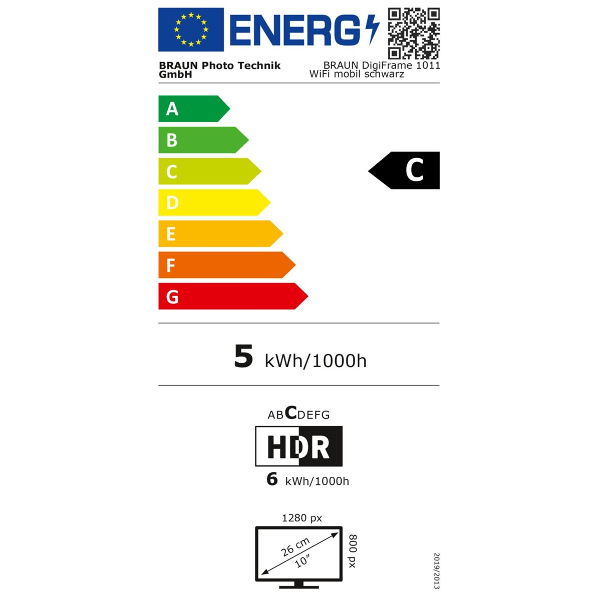 Energielabel für einen digitalen Fotorahmen. Zeigt Energieeffizienz, Stromverbrauch und Bildschirmgrößen an.