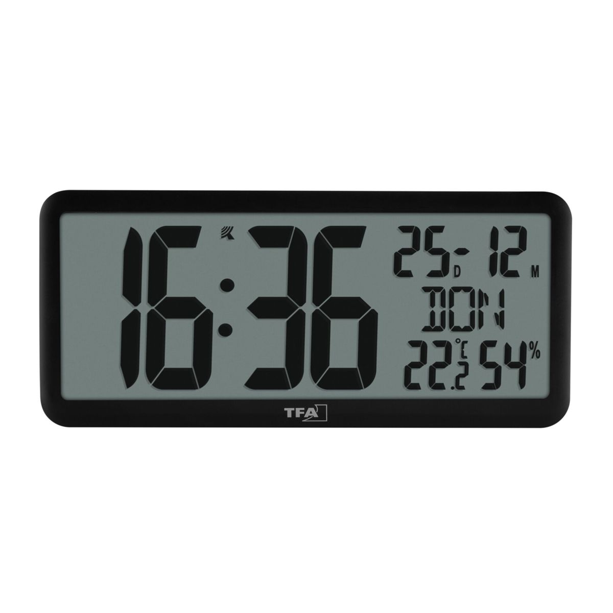 Un orologio digitale mostra 16:36, data 25-12, giorno LUN, temperatura 22,2°C e umidità 54%. Il marchio è TFA.