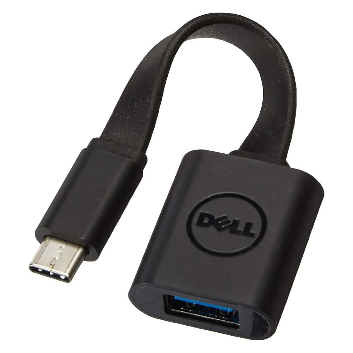 Siyah bir Dell USB-C - USB adaptörü. Adaptörün bir ucunda USB-C konektörü, diğer ucunda ise USB-A portu bulunur.