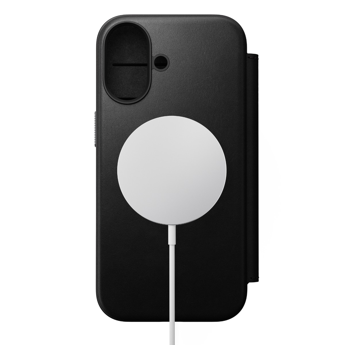 Custodia nera per telefono con caricatore circolare bianco collegato da un cavo bianco, su sfondo bianco.