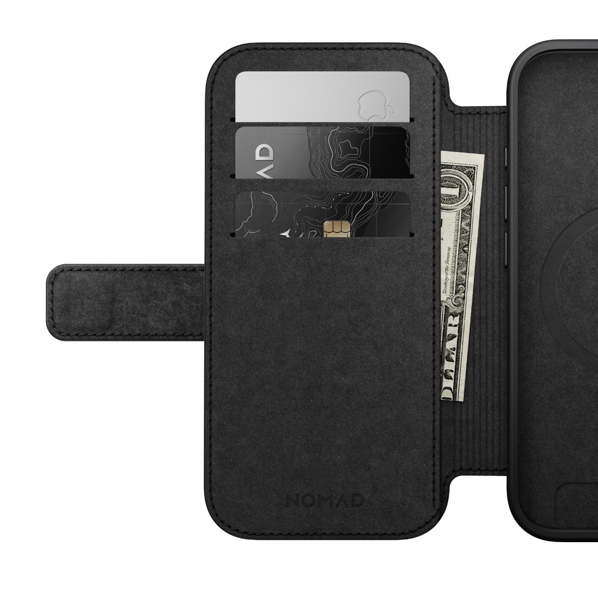 Custodia nera per telefono con scomparti per carte. Carte e una banconota da un dollaro sono visibili. La custodia ha una chiusura magnetica.