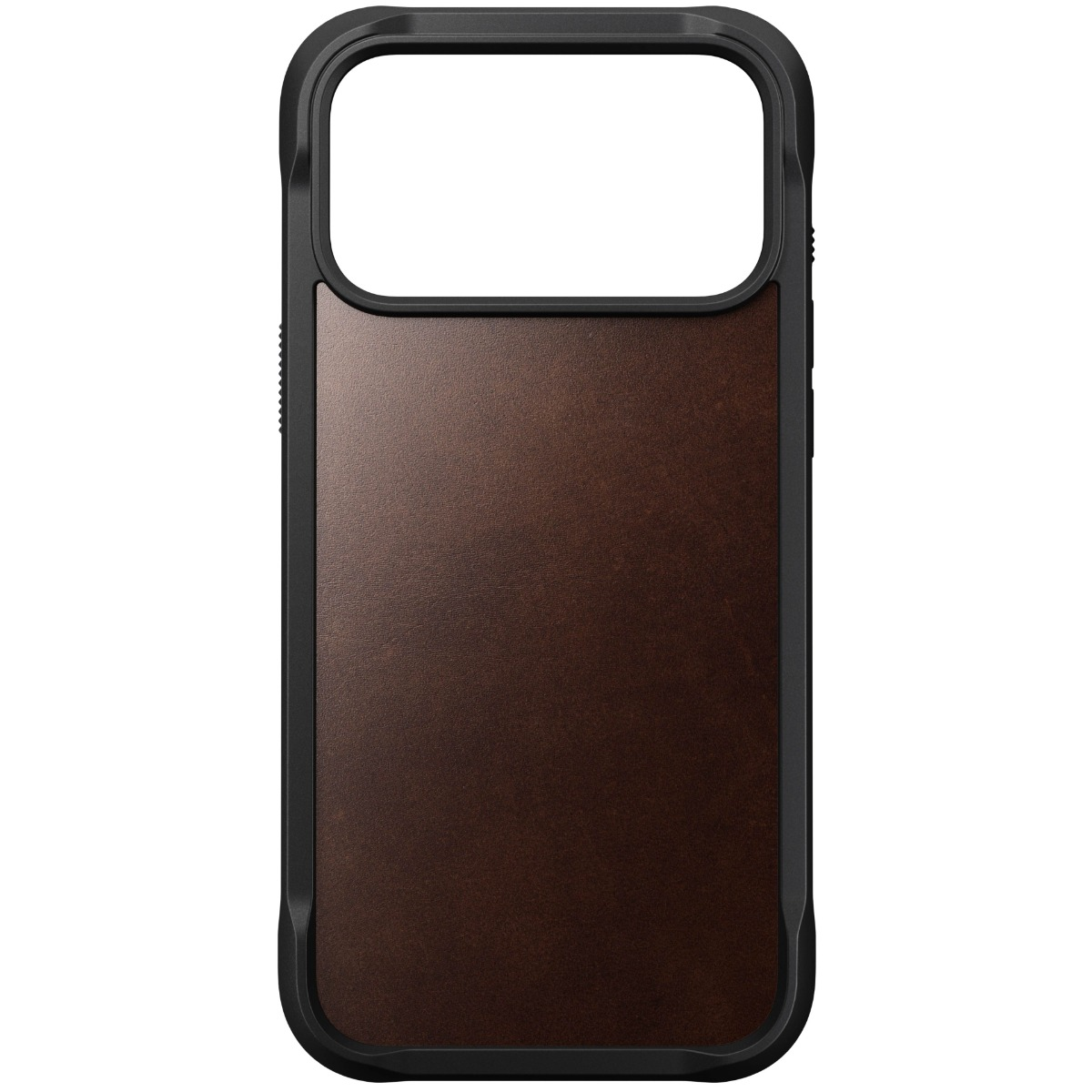 Una custodia per telefono con retro in pelle marrone e cornice nera. I ritagli per fotocamera e schermo sono visibili.